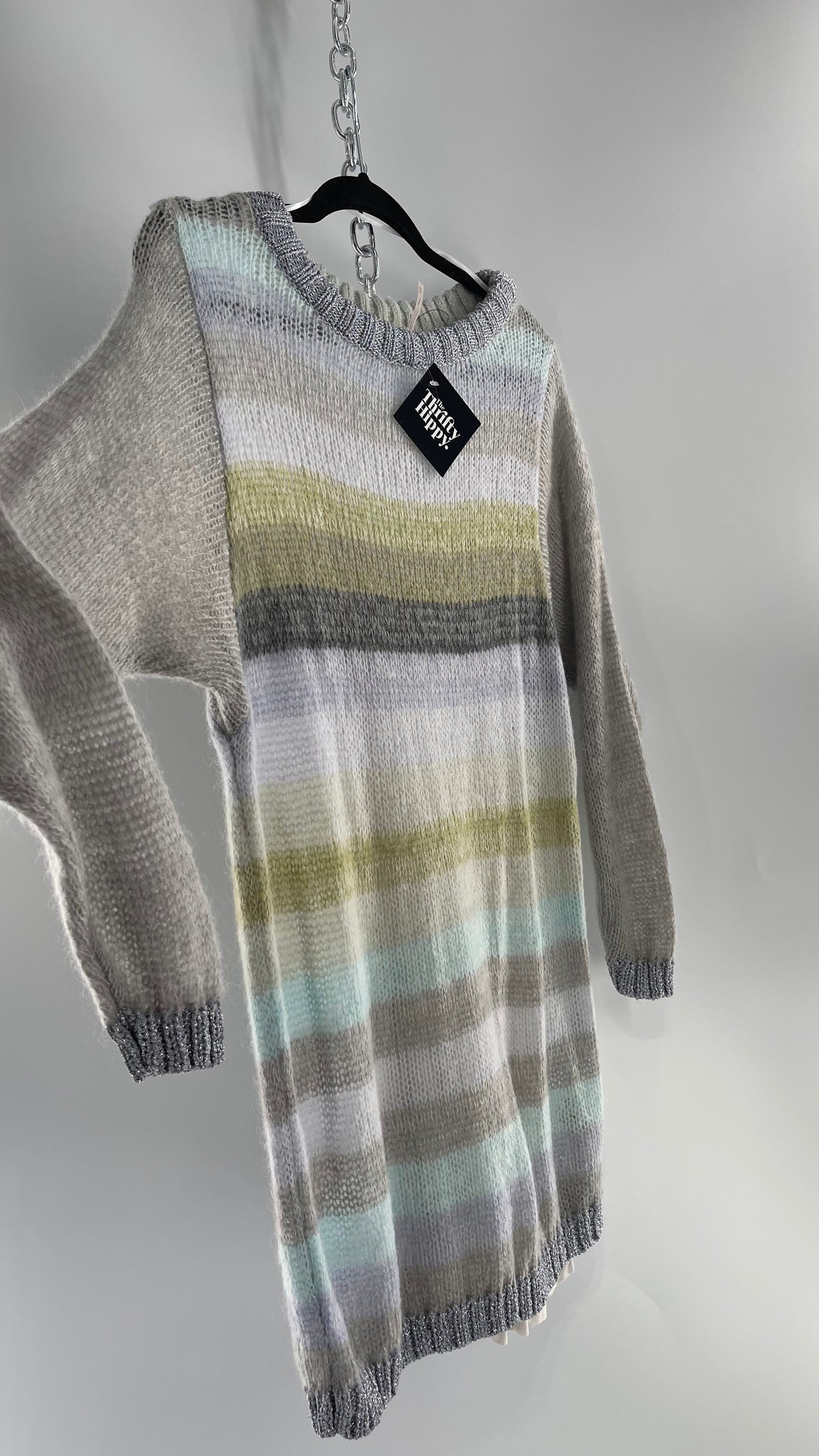 Free People Striped Sweater with Glitter Knit Cuffs and Collar (XS)