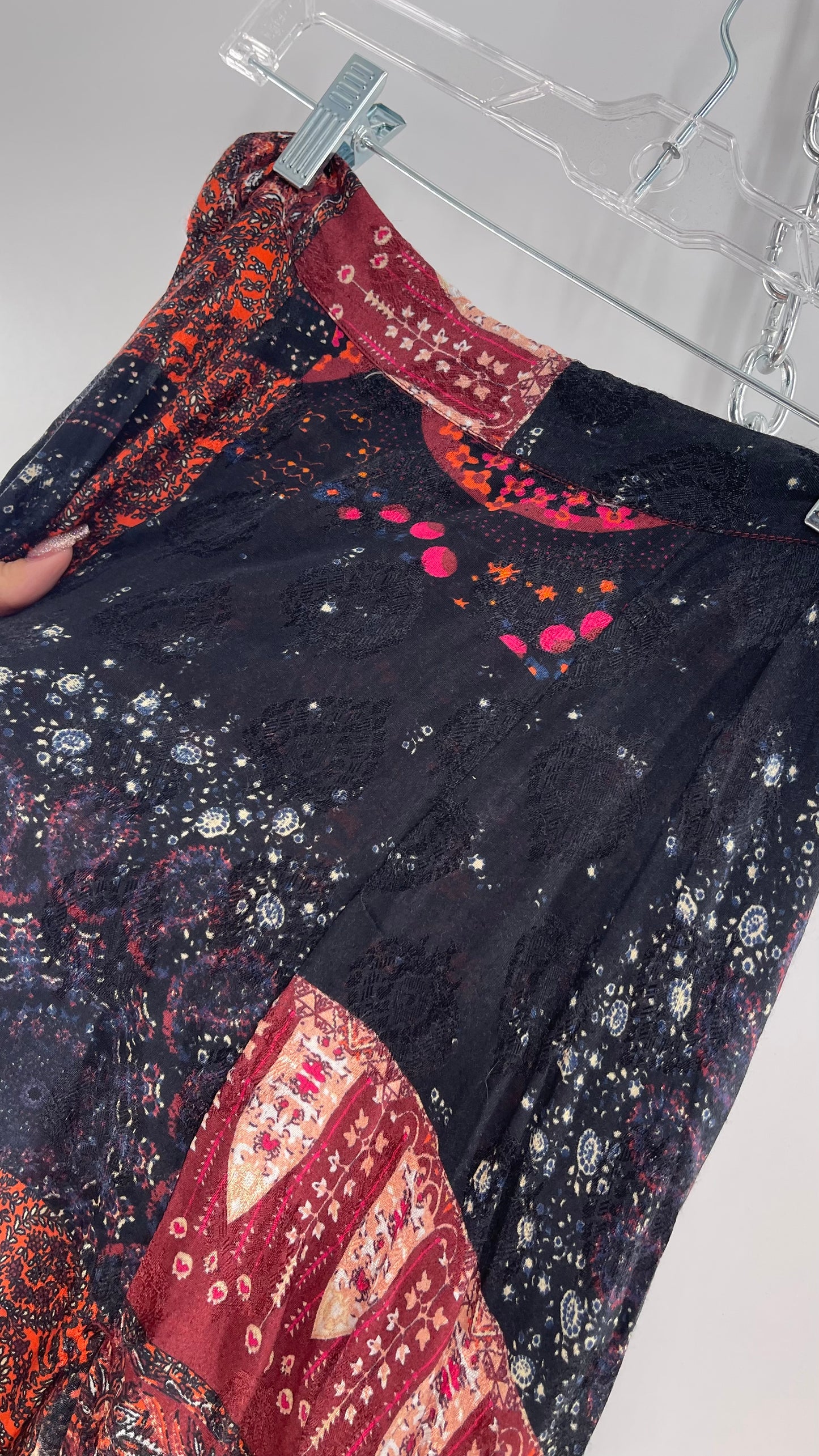 Free People Burgundy Satin Patchwork Patterned Fringe Full Length Skirt with Embossed Symbols and Side Slit Tags Attached (0)