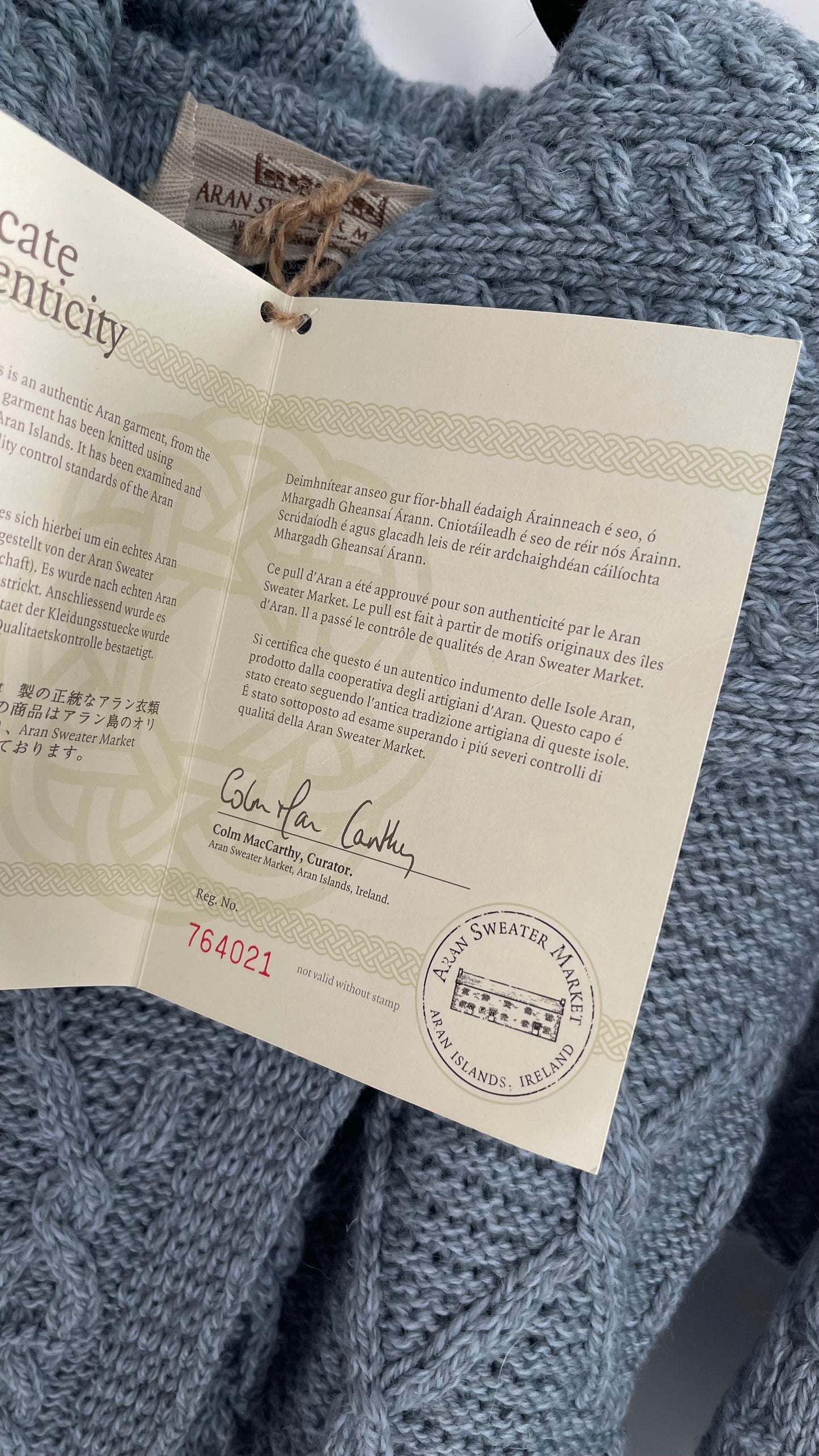 Authentic Irish Aran Sweater Market Slate Blue Aran Stitch Sweater with Oversized Wooden Button Detail and Certificate of Authenticity (Small)