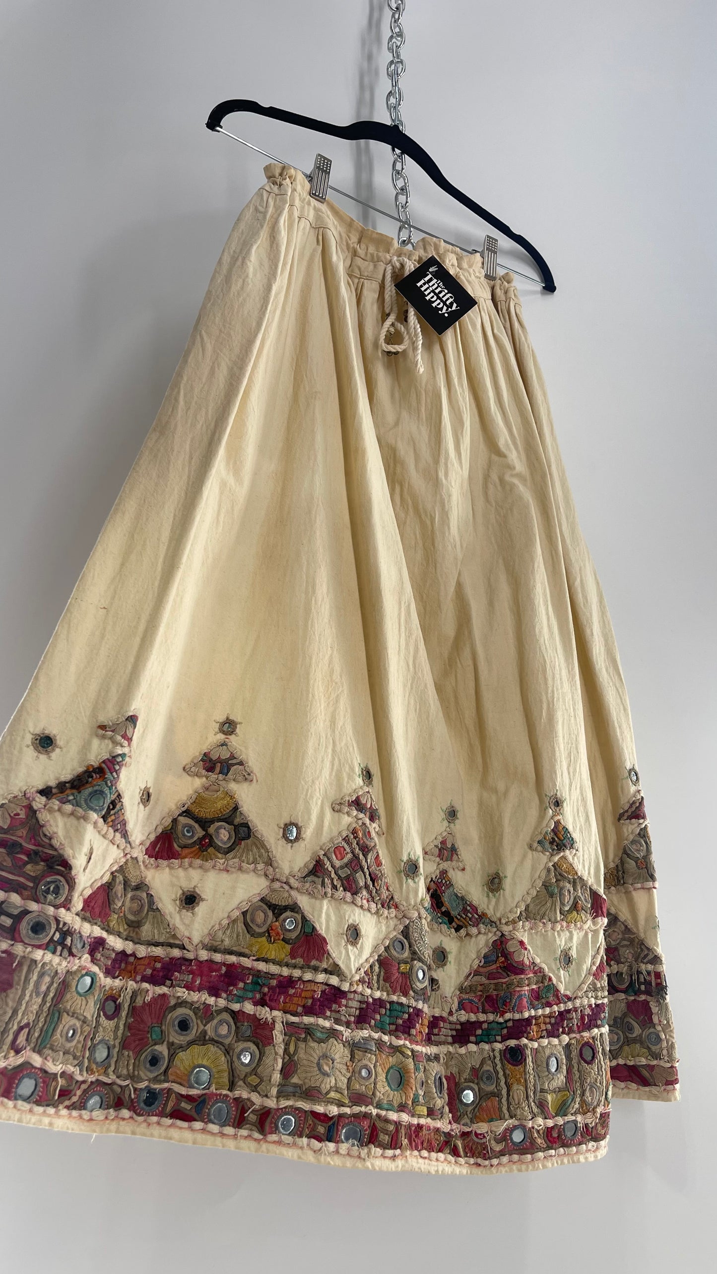 Vintage Imported Hand Stitched Skirt with Embroidered, Patchwork and Mirror Details (S/M Drawstring Waist)