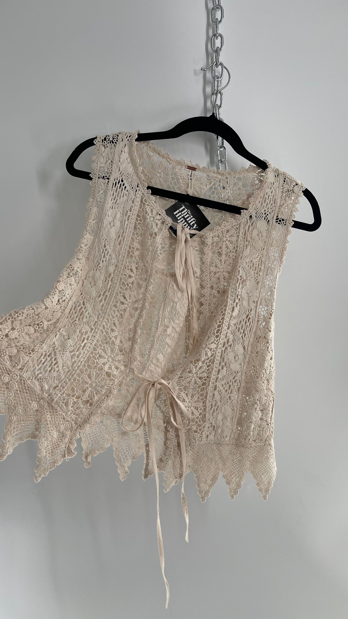 Free People Leah Off White Lace Crochet Vest/ Tie Bust Sleeveless Top (Medium)