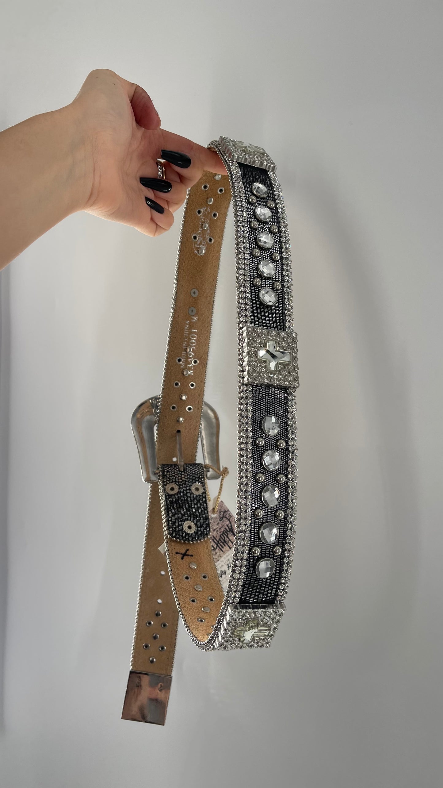 Free People Dark Silver Metallic Snake Print Belt covered in Crystal Embellishments and Heavy Metal Crosses (M)