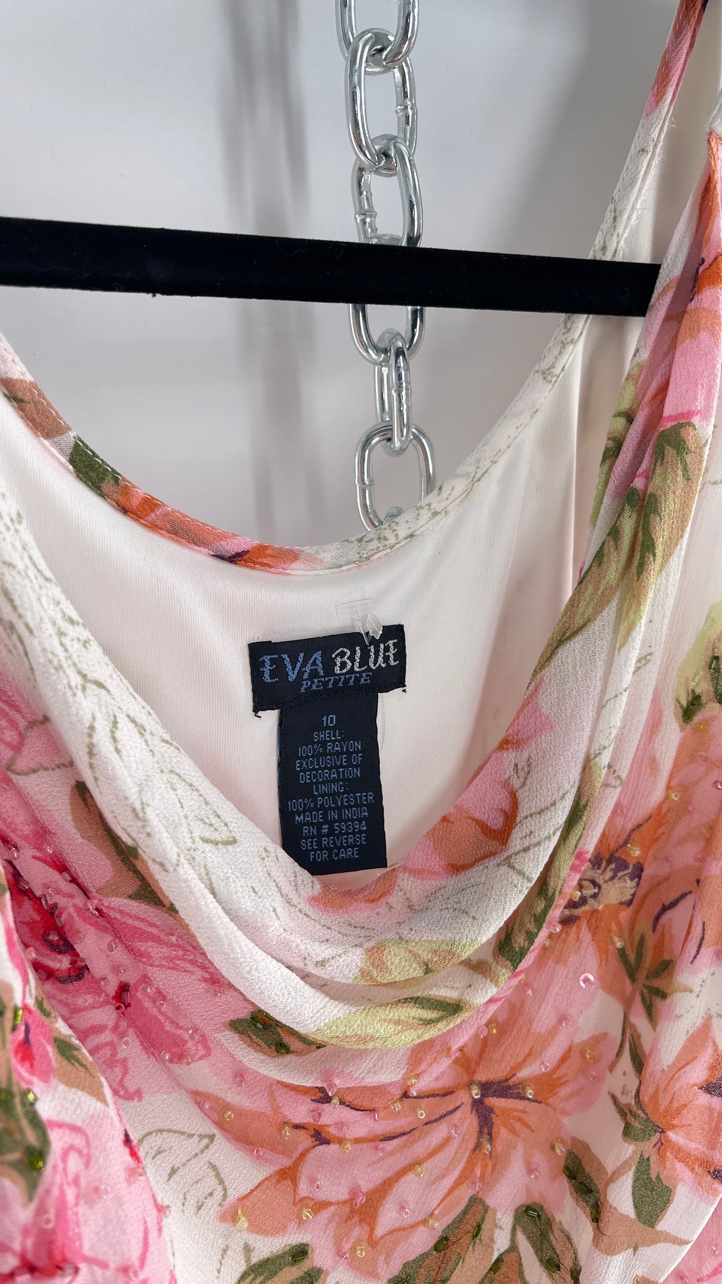 Vintage Eva Blue Pink Floral Draped Neck Sleeveless MIDI with Beading (10)