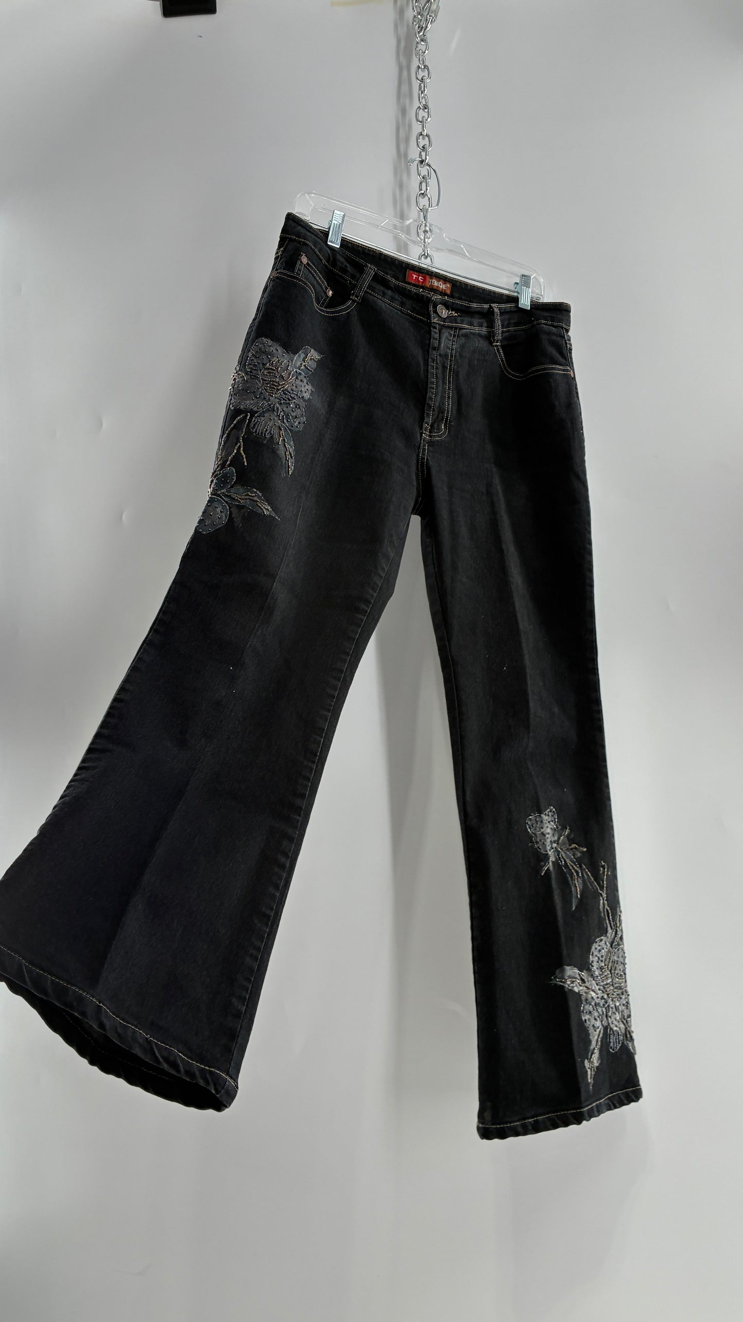 Vintage TEMCHE JEANS Dark Wash Jeans with Painted, Beaded Florals