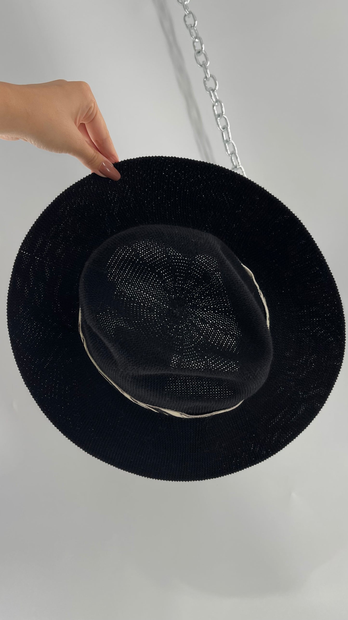 Free People Black 55% Cotton Woven Sun Hat with Textured Fur Belt