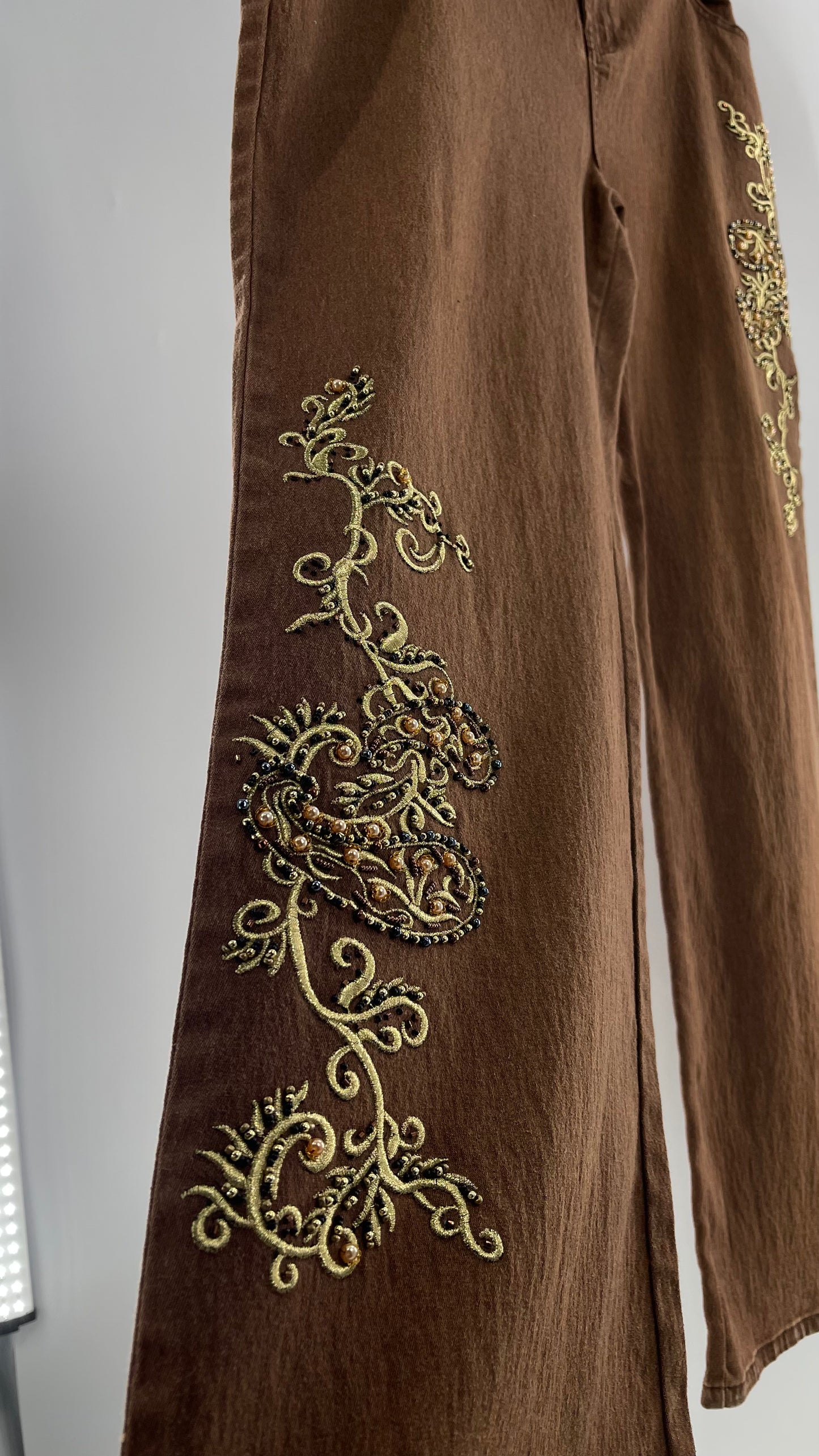 Vintage Midnight Velvet Embroidered + Beaded Brown Flares (18W)