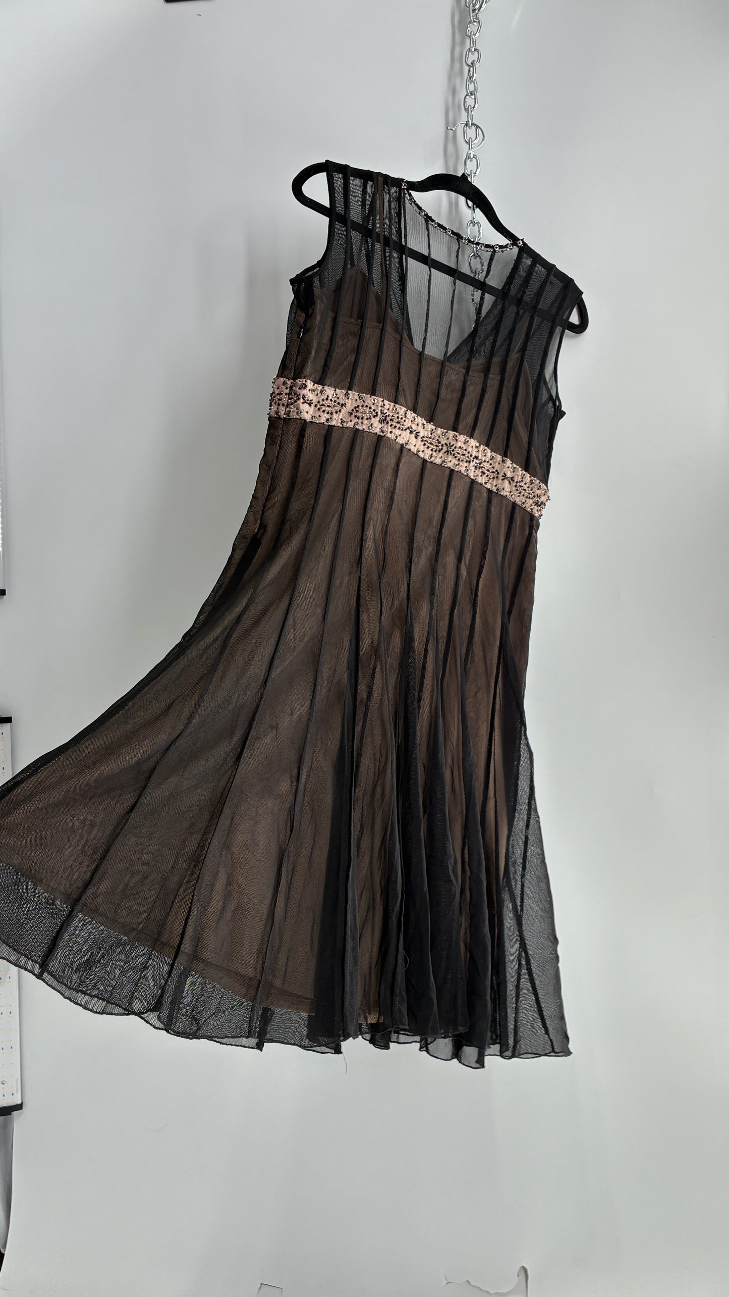 ECI NEW YORK Nude Camisole Dress with Black Mesh Overlay and Beaded Details (8)