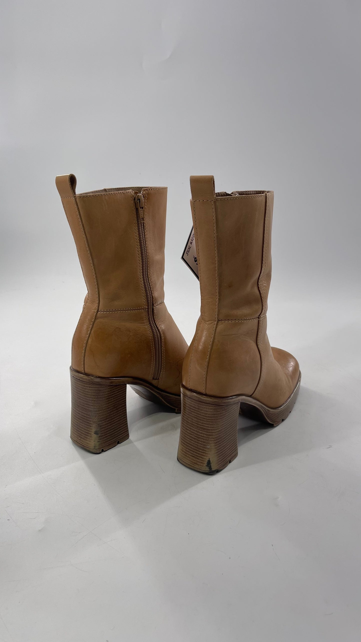 Vintage 90s Steve Madden Tan Leather Funky Square Toe Boot with Platform and Chunky Heel