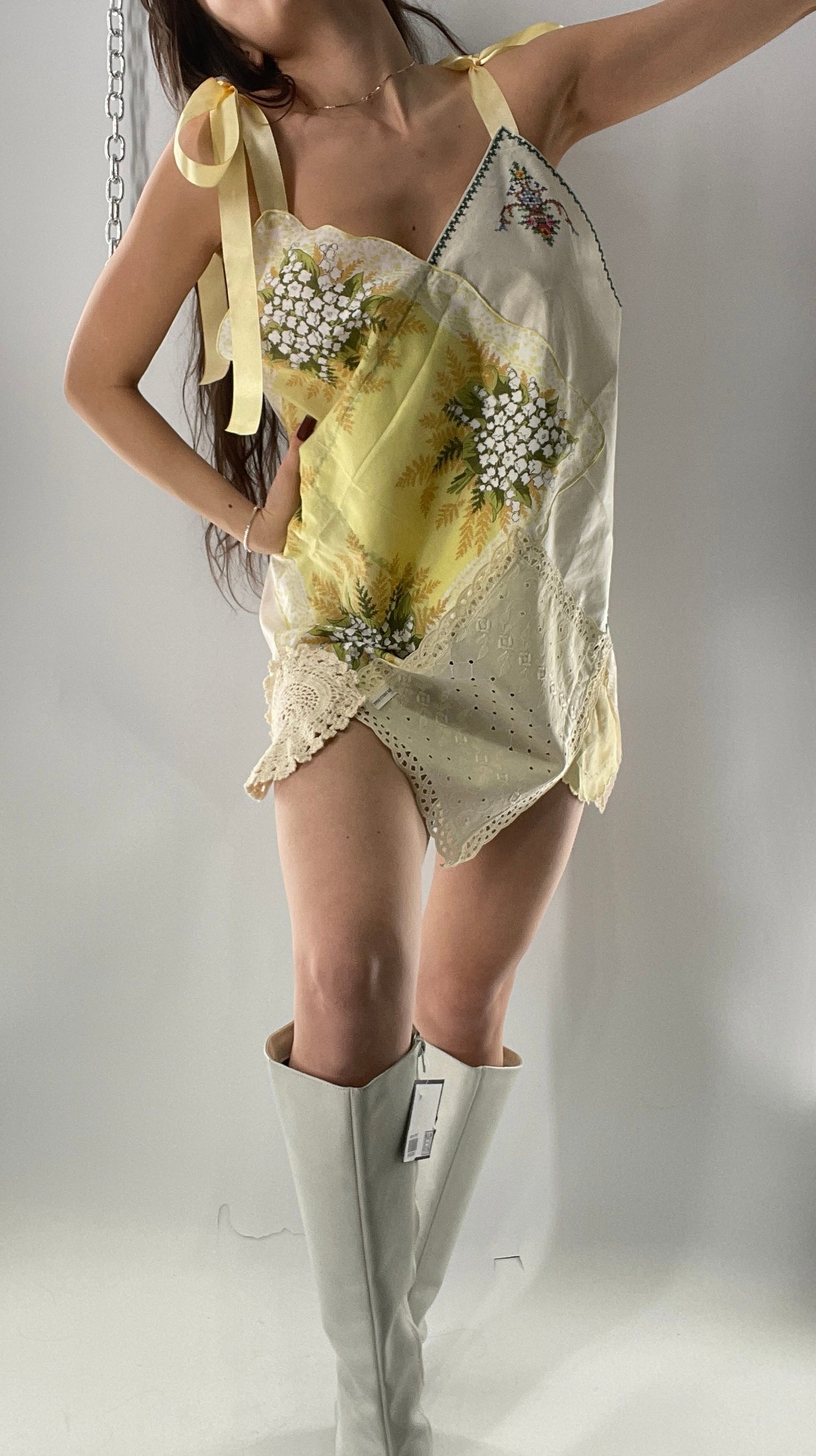 Vintage Handmade Handkerchief Mini Dress with Adjustable Ribbon Straps (XS-L)