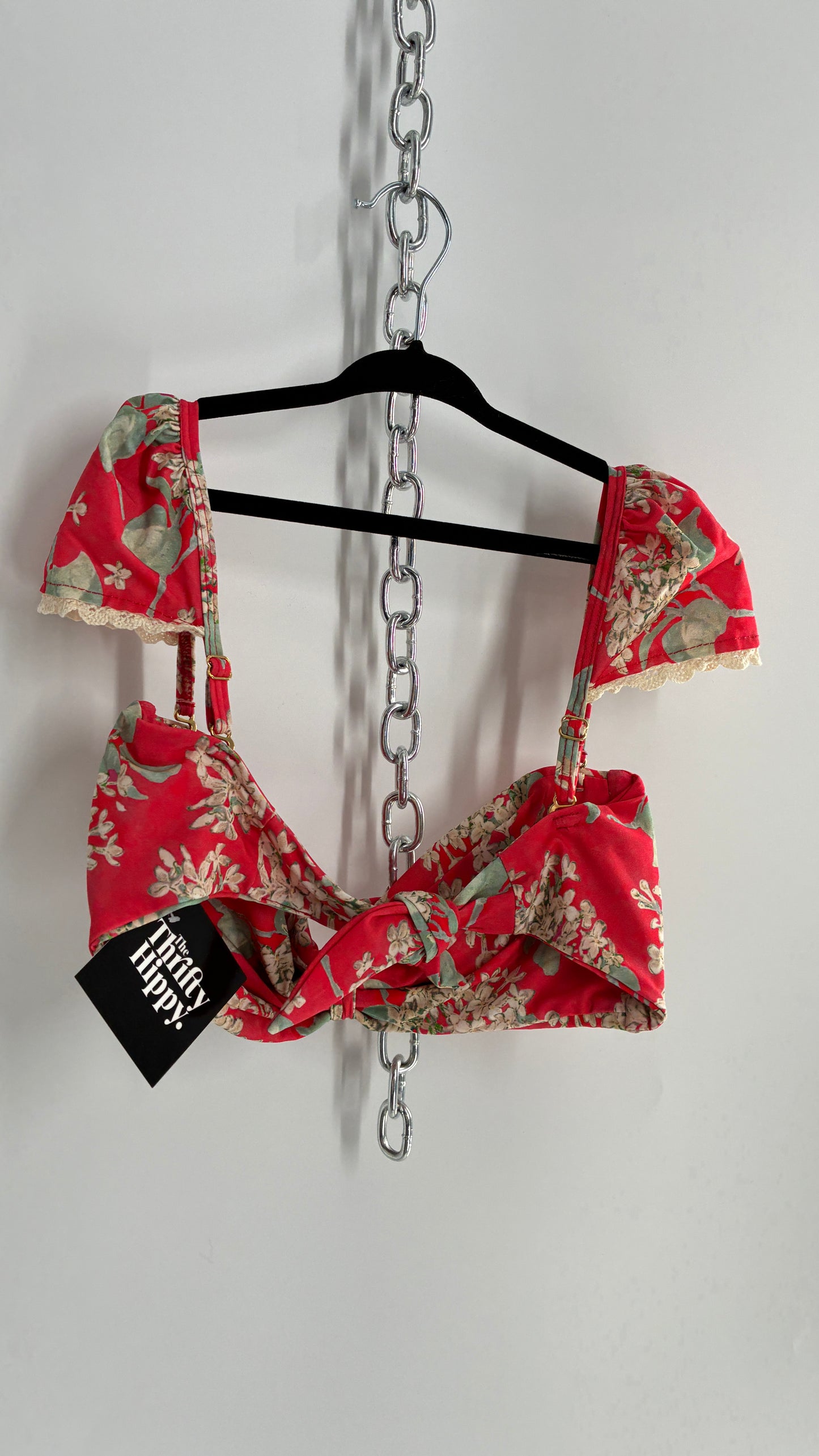 MONTCE Free People Pink Floral Tie Bust Swim Top with Cap Sleeves, Lace Edges, and Tags Attached (Medium)