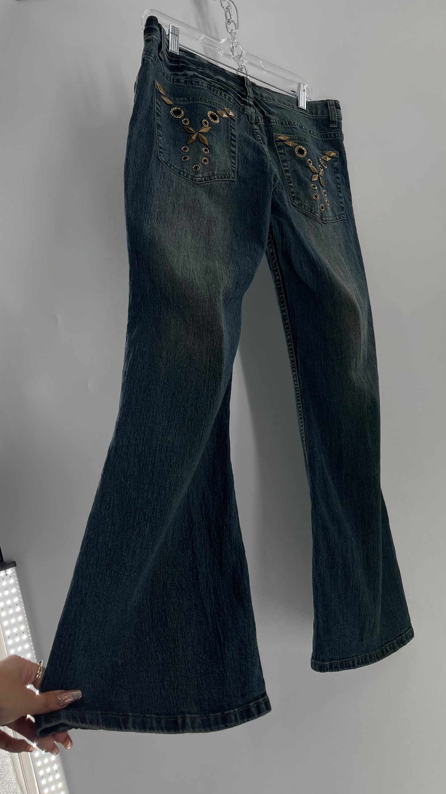 Vintage Blue Pointe Kickflare Medium Wash Jeans with Gold Rhinestone Metal Jewels (13)