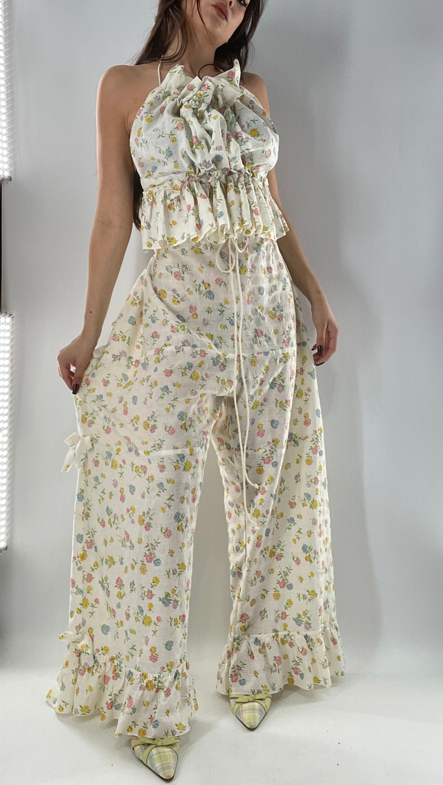 Vintage 2 Piece Floral Babydoll Set with Adjustable Top and Adjustable Pants Featuring Bow Sides and Ruffles Bum (One Size)