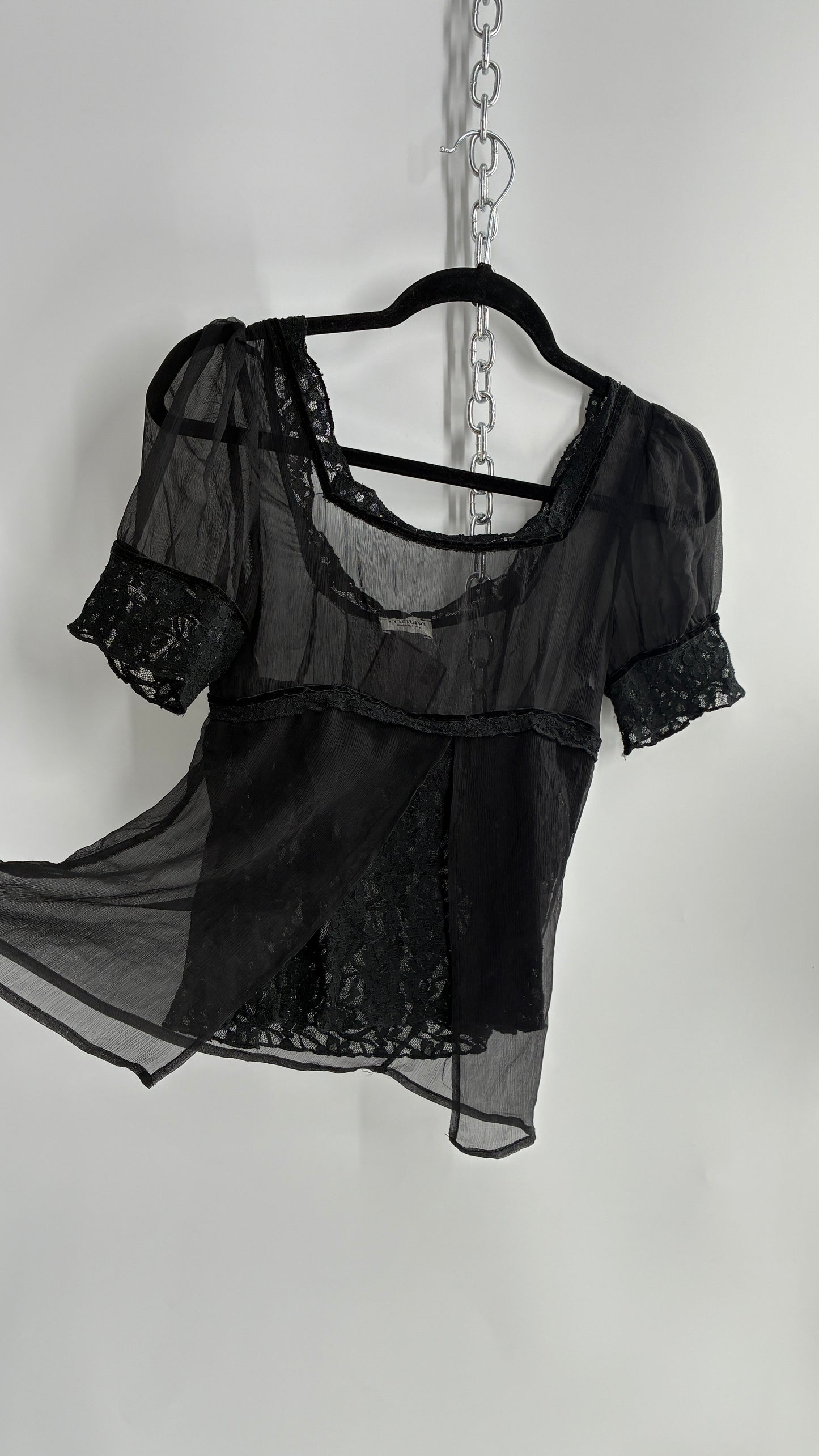 Vintage MÖTIVI Pure Silk Blouse with Lace Bodice, Vented Detail and Velour Trim (4)