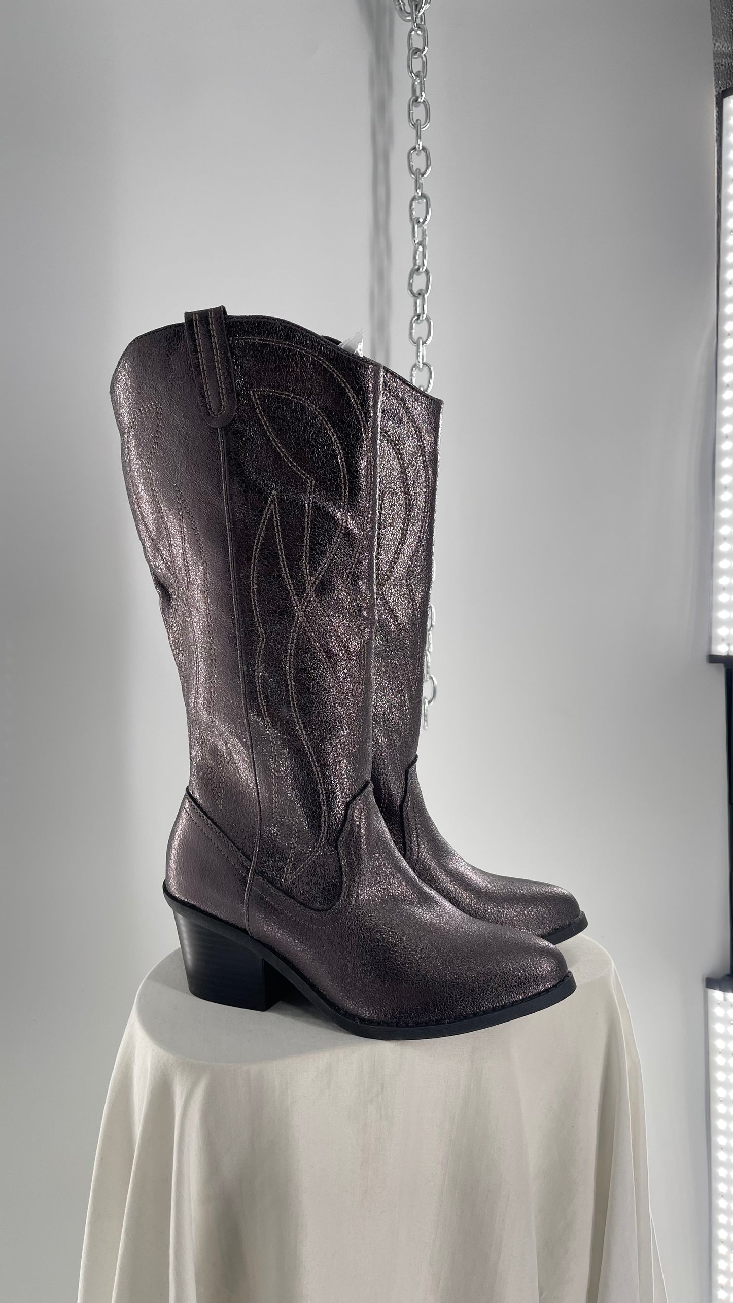 Vintage POP Metallic Silver Knee High Cowgirl Boots with Pointed Toe (6)