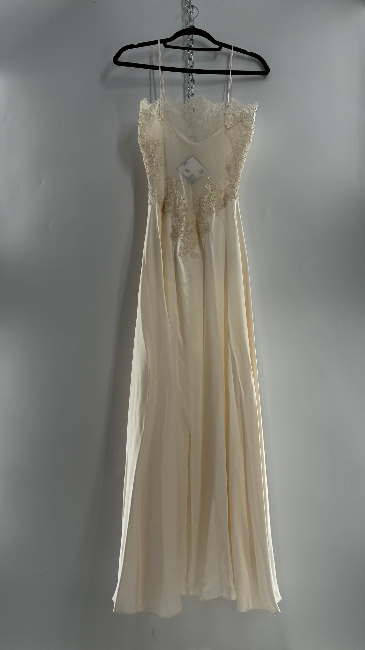 Vintage JONQUIL 100% Silk Gown with Heavy Lace Appliqués and Low Cut Sheer Back (Medium)