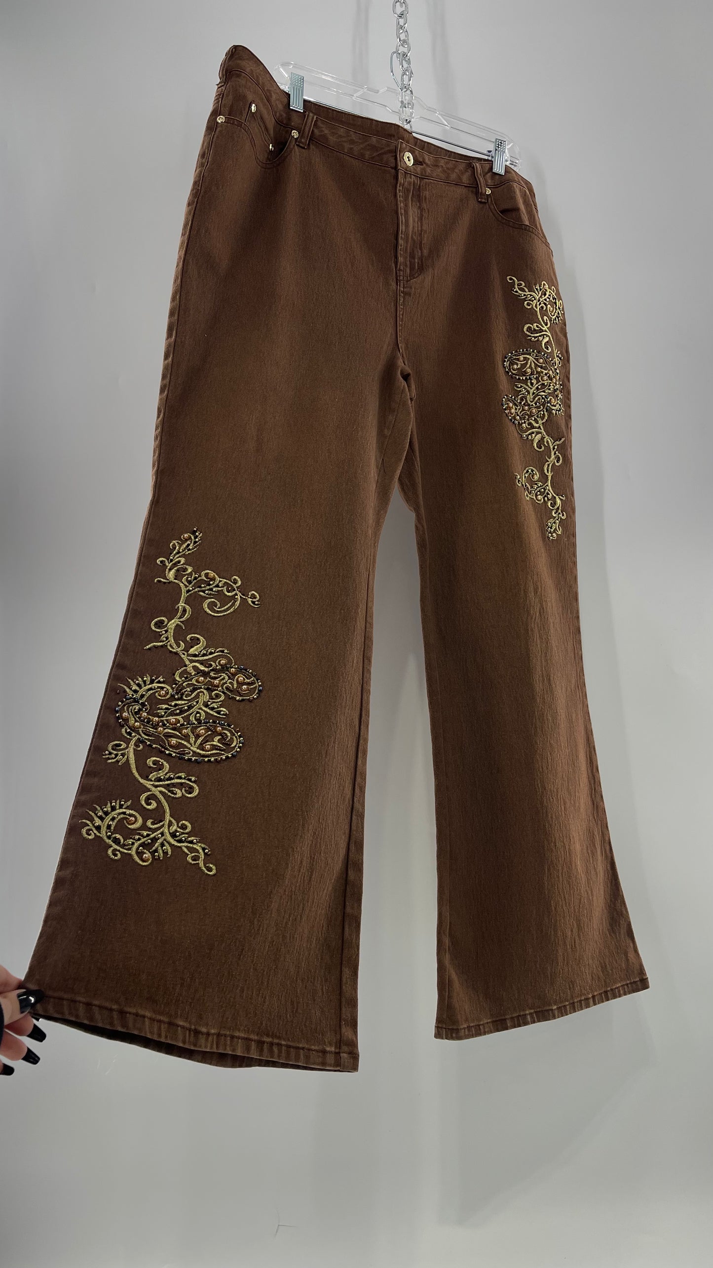 Vintage Midnight Velvet Embroidered + Beaded Brown Flares (18W)