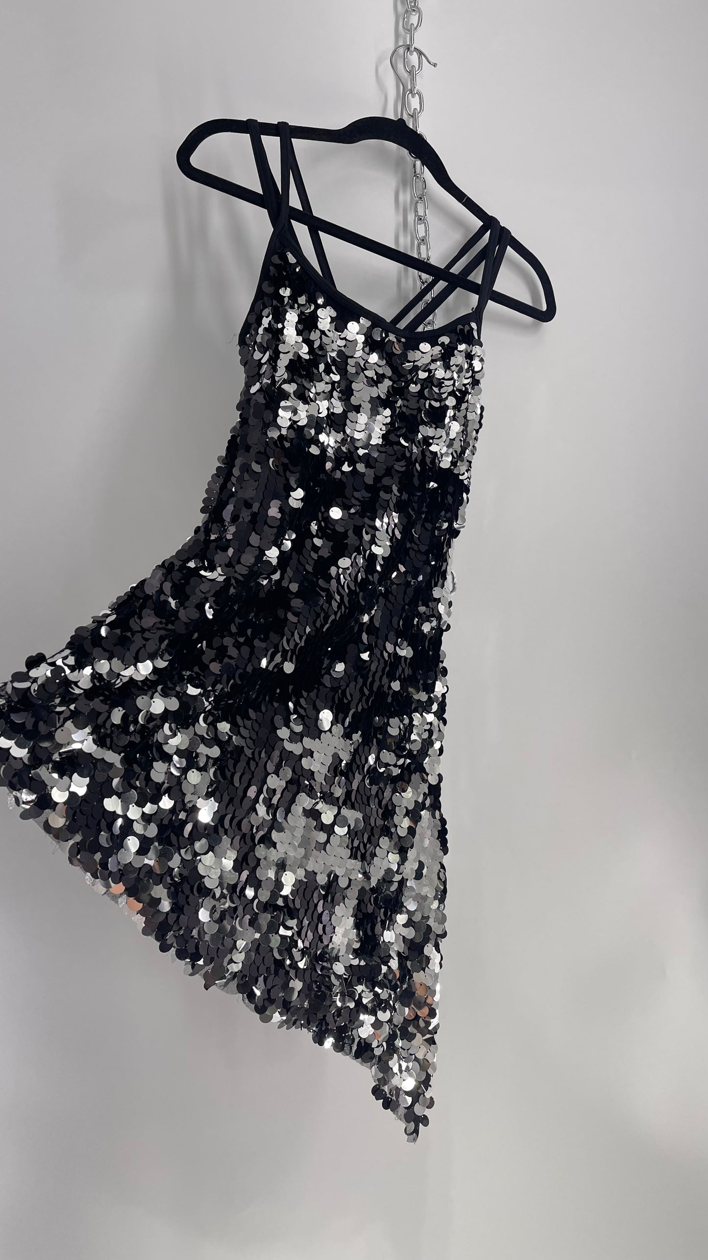 Vintage Revolution Dancewear Black/Silver Sequin Tank with Asymmetric Hem and Built in Shorts (Medium)