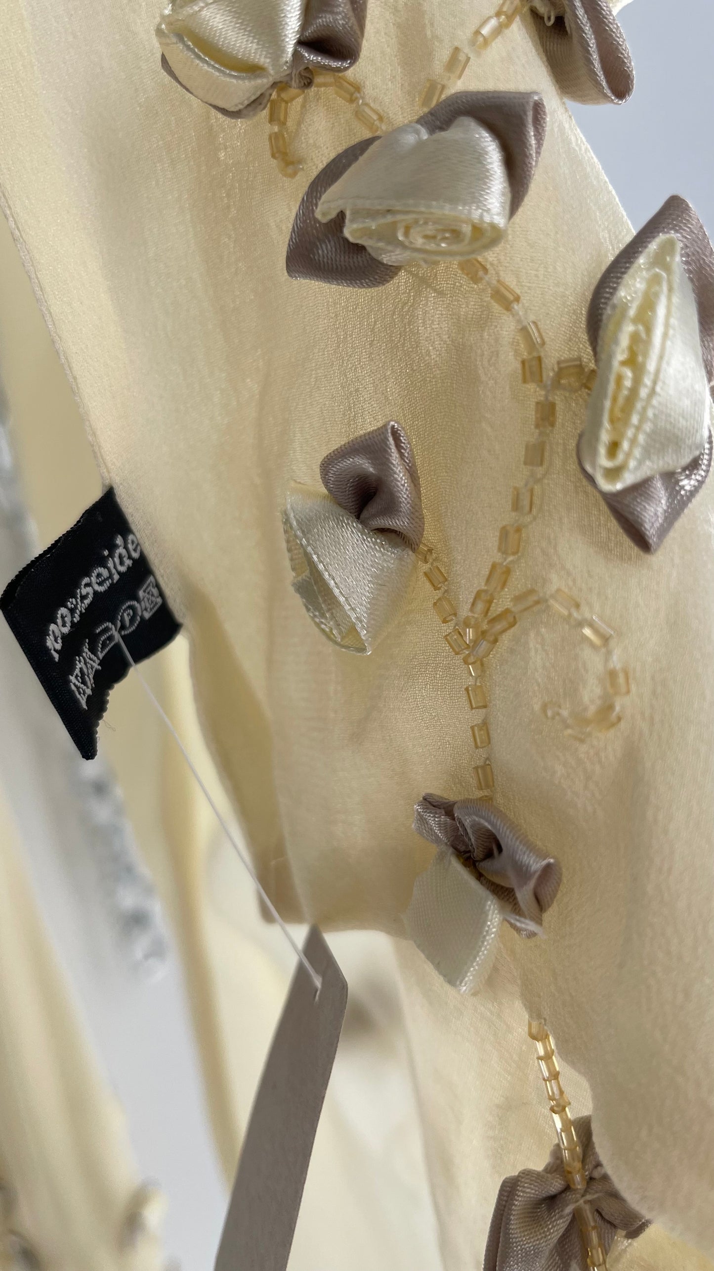 Vintage 1990s Baby Yellow Cream Silk Scarf with Embroidered Rosettes and Beaded Flowers