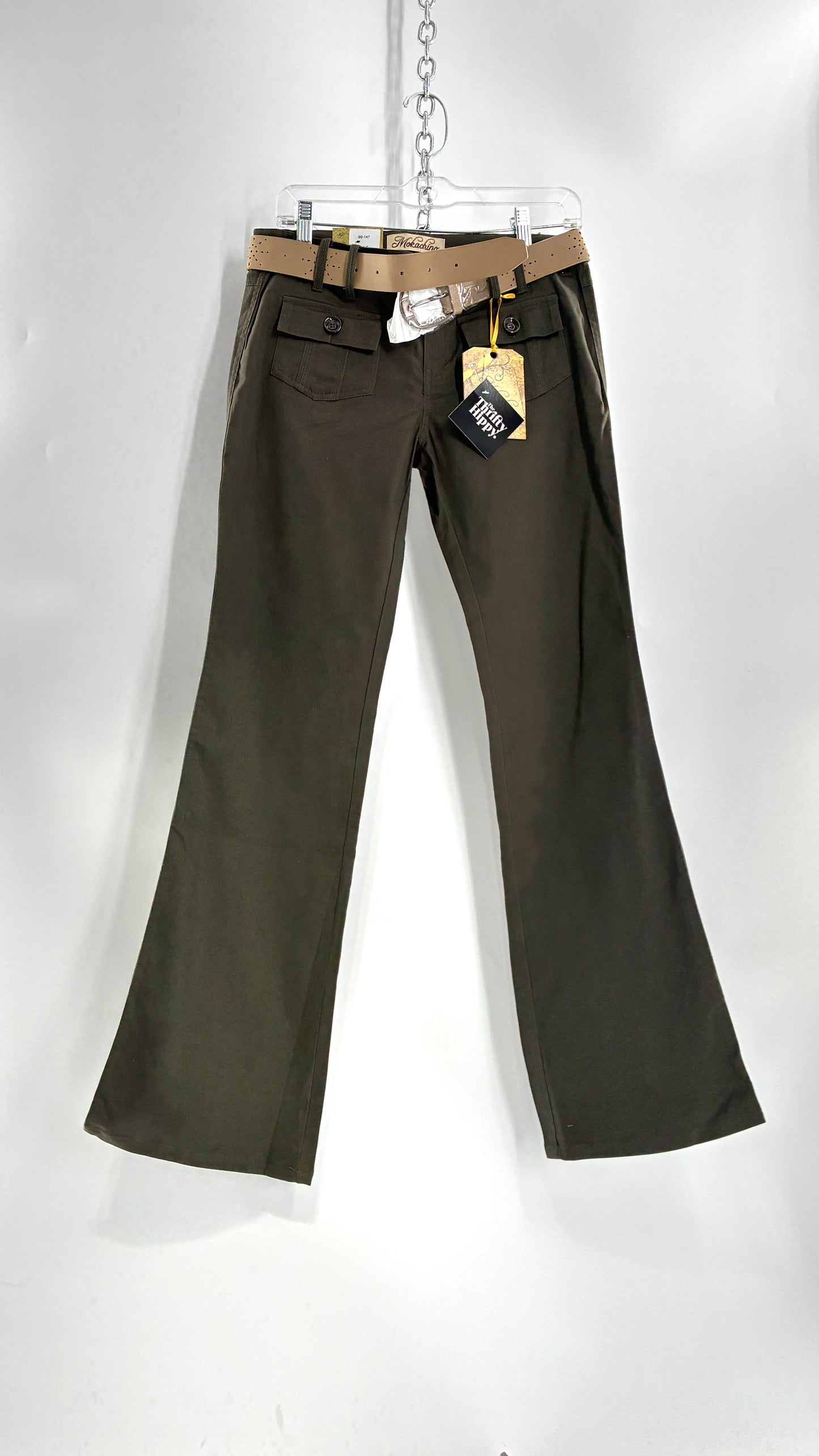 Deadstock Vintage MOKACHINO Olive Green Low Rise Kickflares with Hip/Bum Pockets and Built in Belt (7)