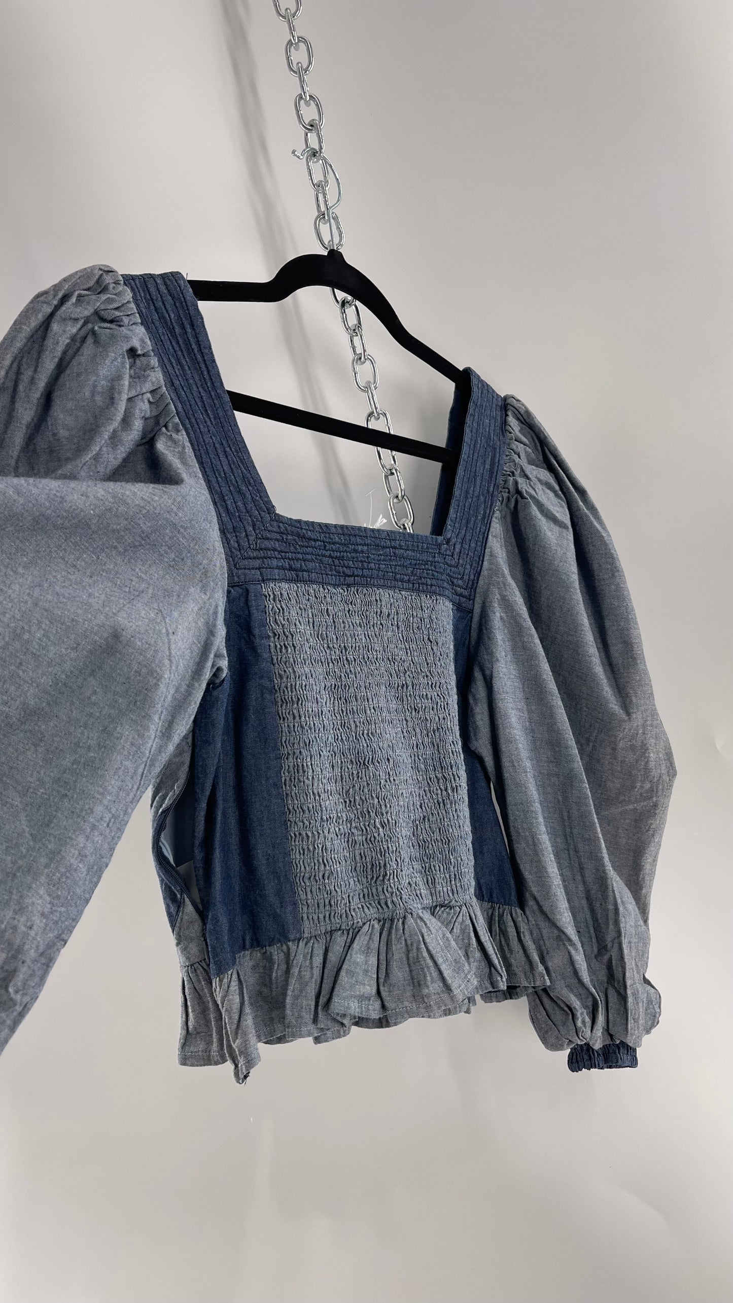 Love the Label ANTHROPOLOGIE Chambray, Chevron, Denim Smocked Blouse with Dramatic Sleeves and Tags Attached (Small)