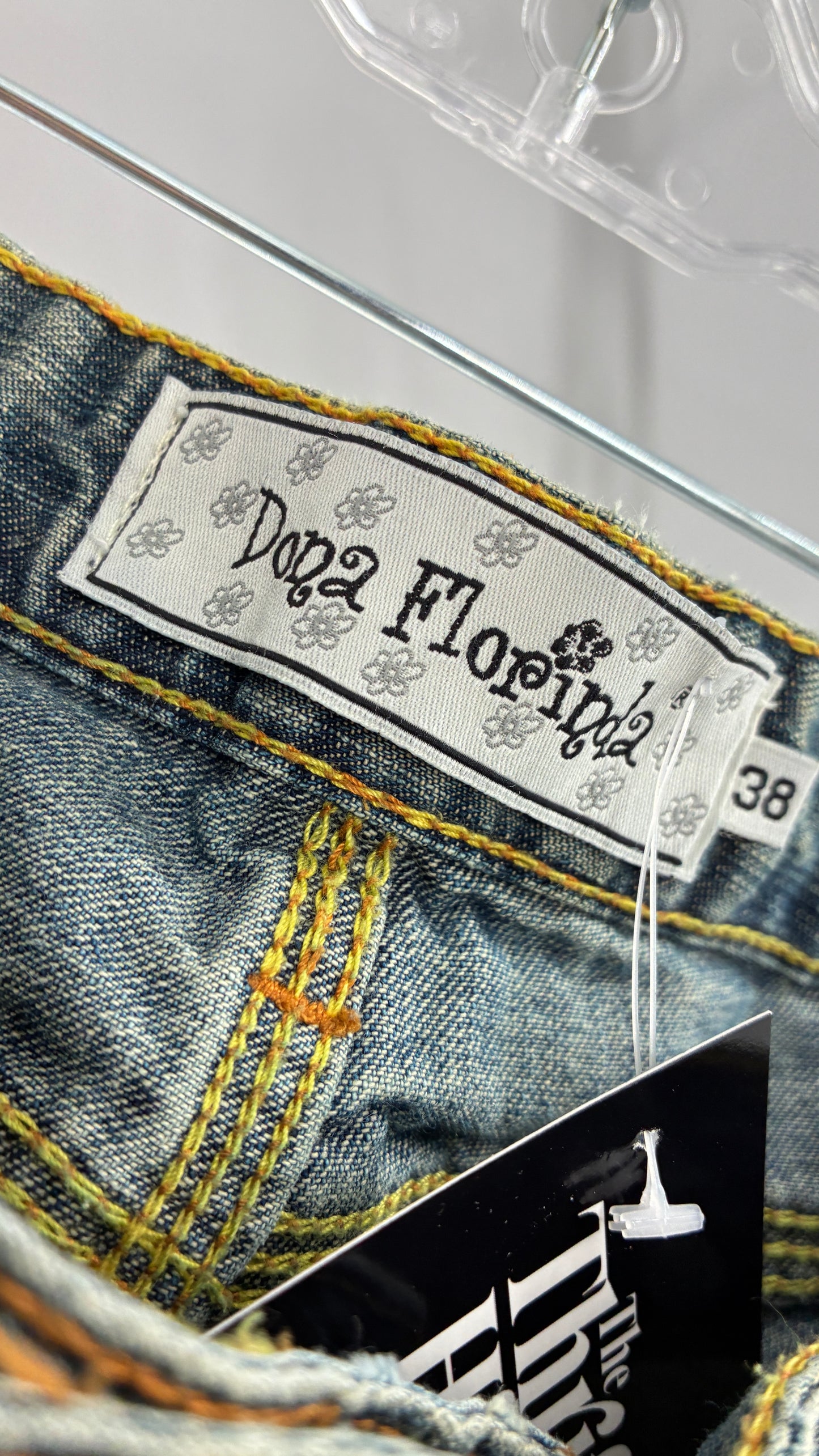 Rare Vintage DONA FLORINDA RIOT GIRLS Faded Wash Denim with Heavy Metal Jacron and Embroidery (38)