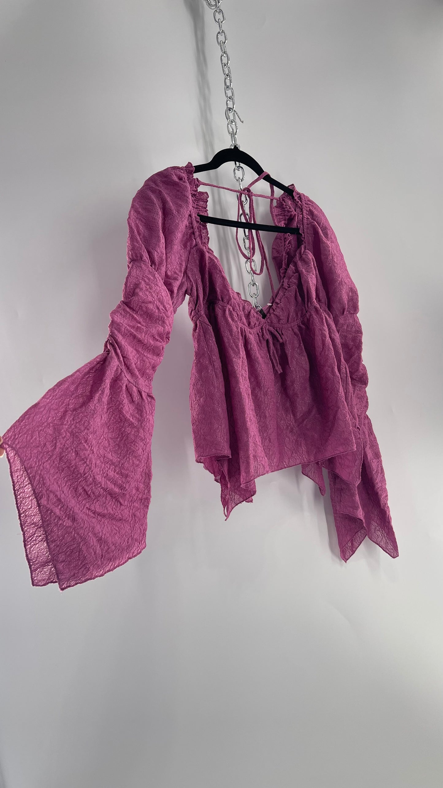Urban Outfitters Purple Lace Blouse with Handkerchief Slit Hem, Princess Fairy Sleeves, Ruffle Trim Bust and Low Back (Large)
