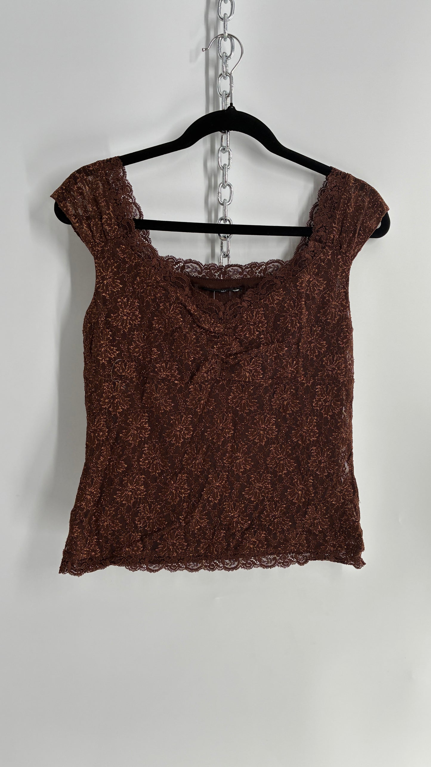 Vintage 1990s Brown Gold Tinsel Lace Straight Neckline Top (M)