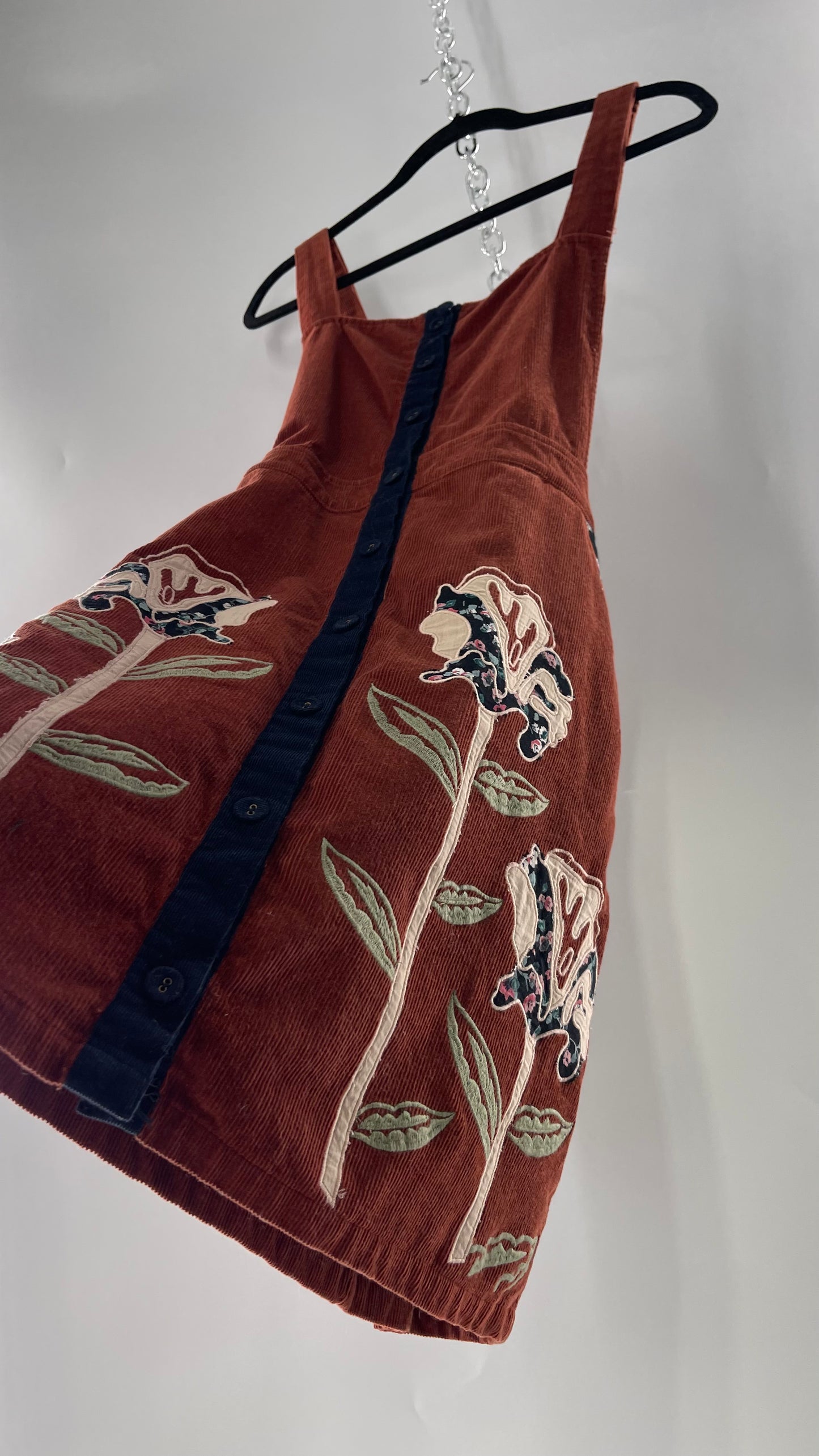 Seen. Worn. Kept. Anthropologie Terracotta Burnt Orange Corduroy Overall Dress with Embroidered Flower Details (S)