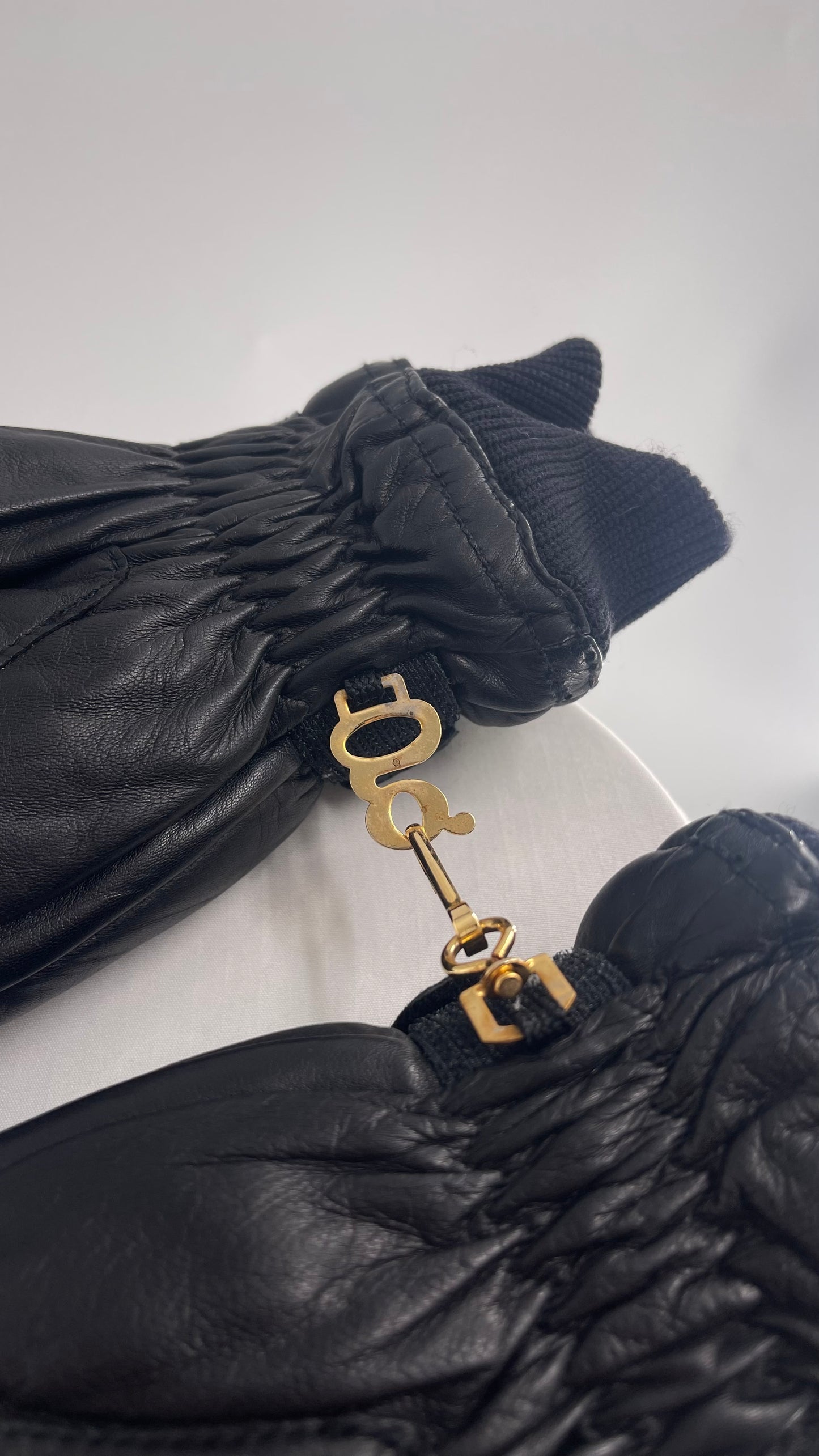 Grandoe Black Leather Mittens with Branding and Gold Logo Link
