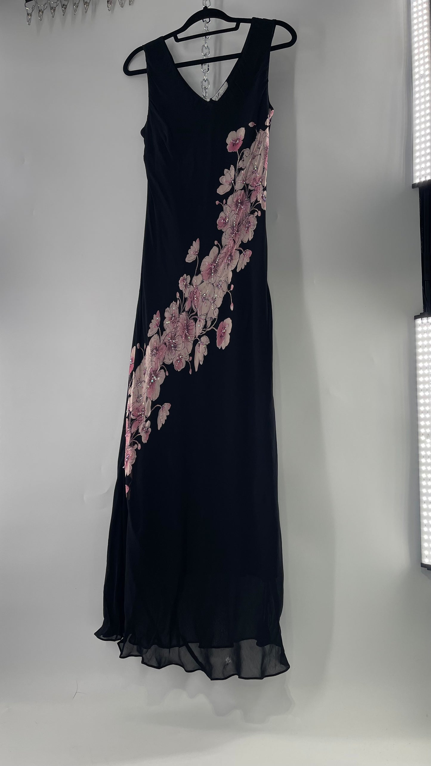Vintage Dress Barn Black Slinky Maxi Dress with Pink Floral Graphic and Sequins (L)