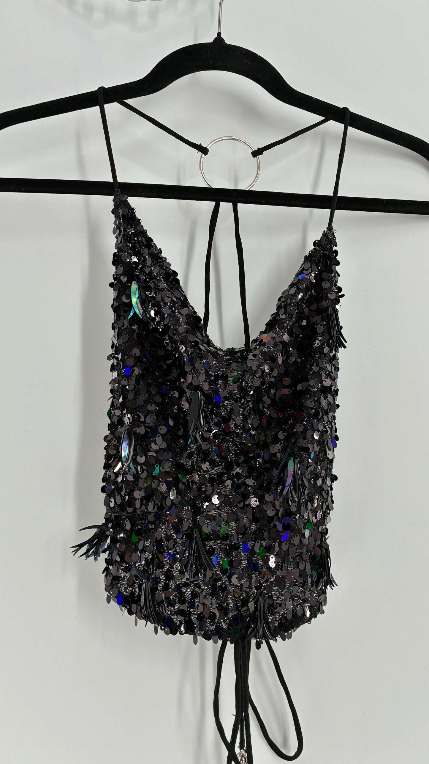 Free People Black Open, Tie Up Back Camisole Covered in Sequins with Silver Hoop Details (XS)