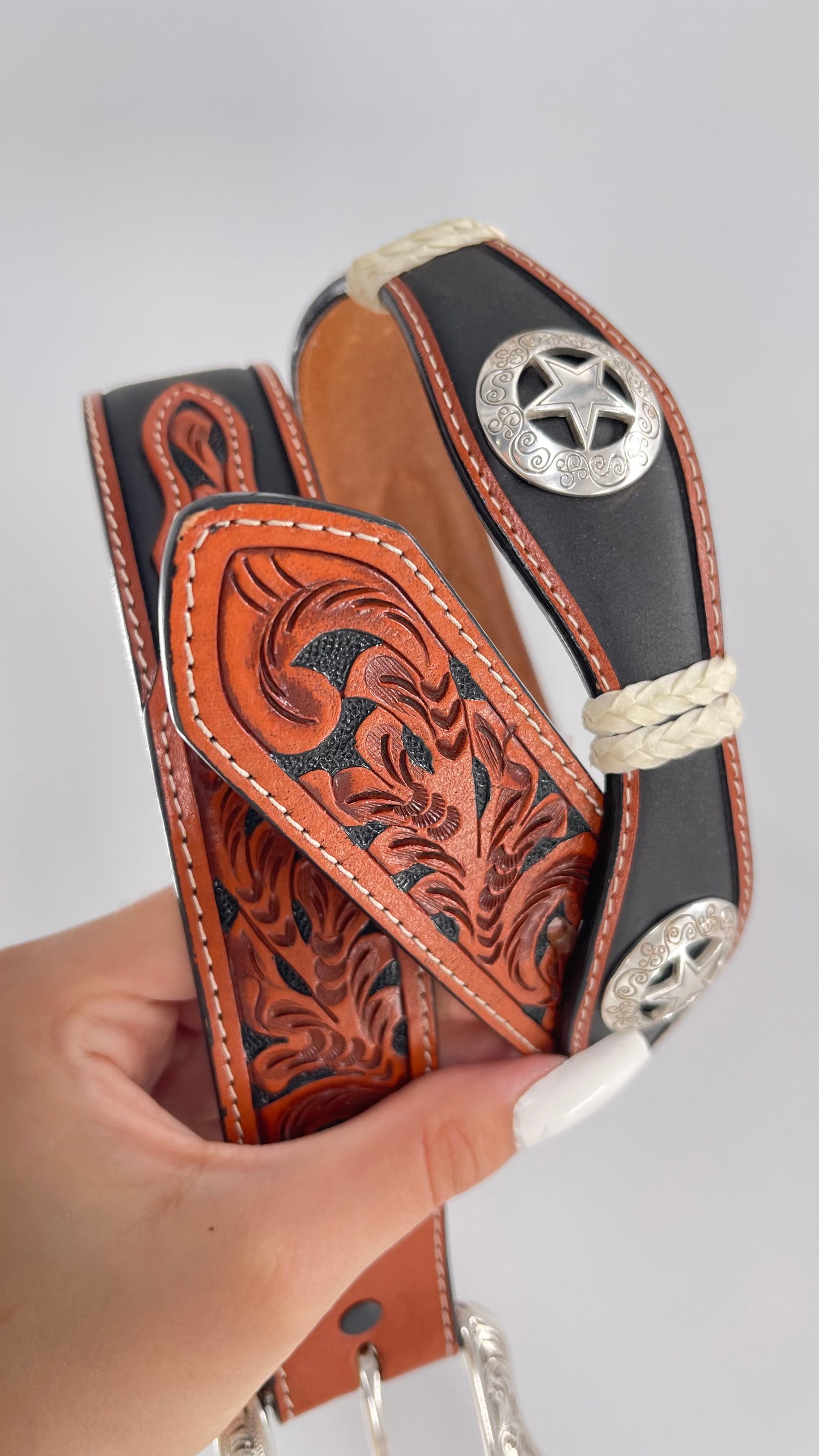 Vintage Ranger Belt Company Genuine Handtooled Leather Metal Stars Embellishments (36)