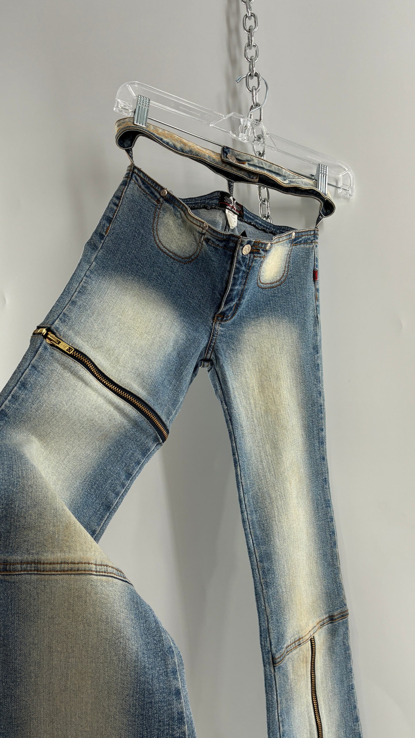 Vintage XCESO JEANS Rare Faded Double Waistband Kickflare Jeans with Functional Zipper Details (Medium*)