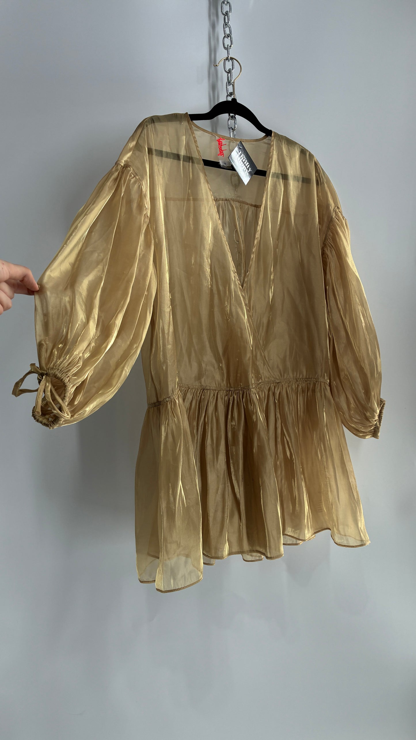 Free People Gold Voile Organza Drop Waist Bubble Sleeve Dress (Medium)
