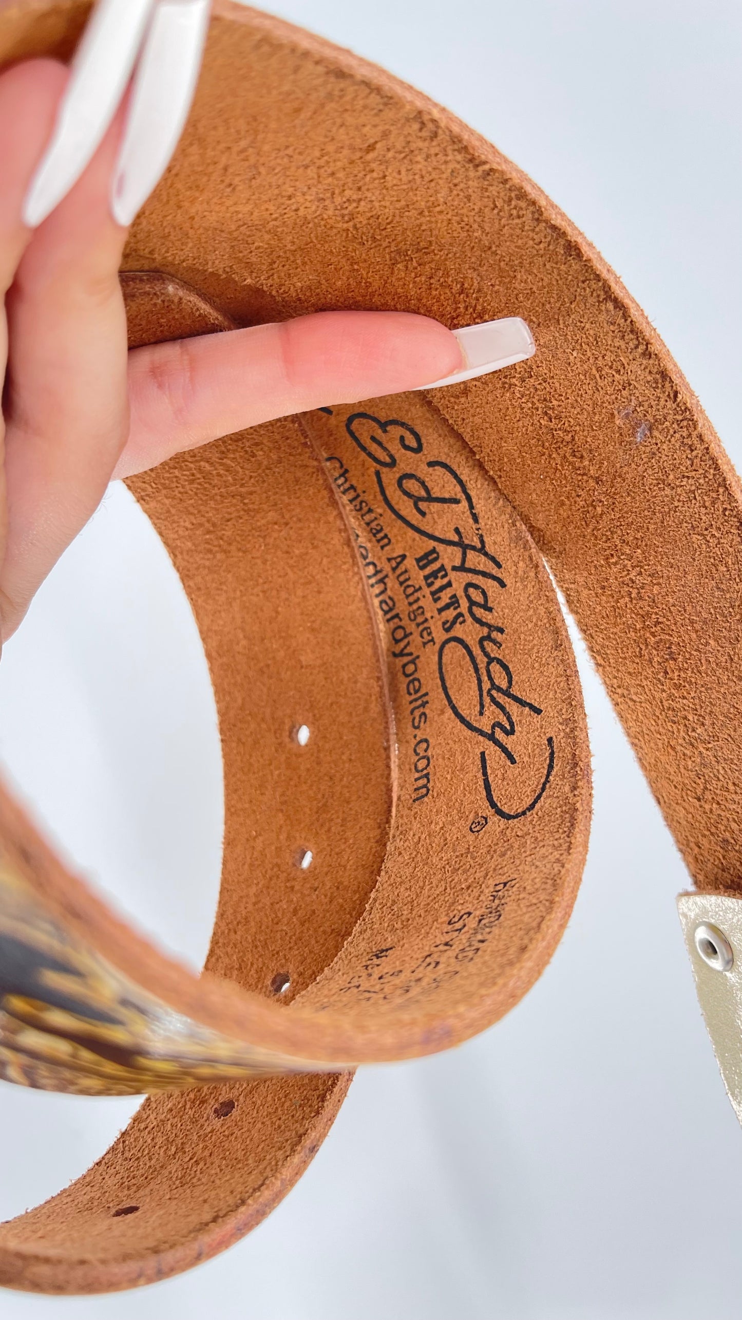 Ed Hardy Genuine Leather Belt with Rhinestones and Jaguars (M)