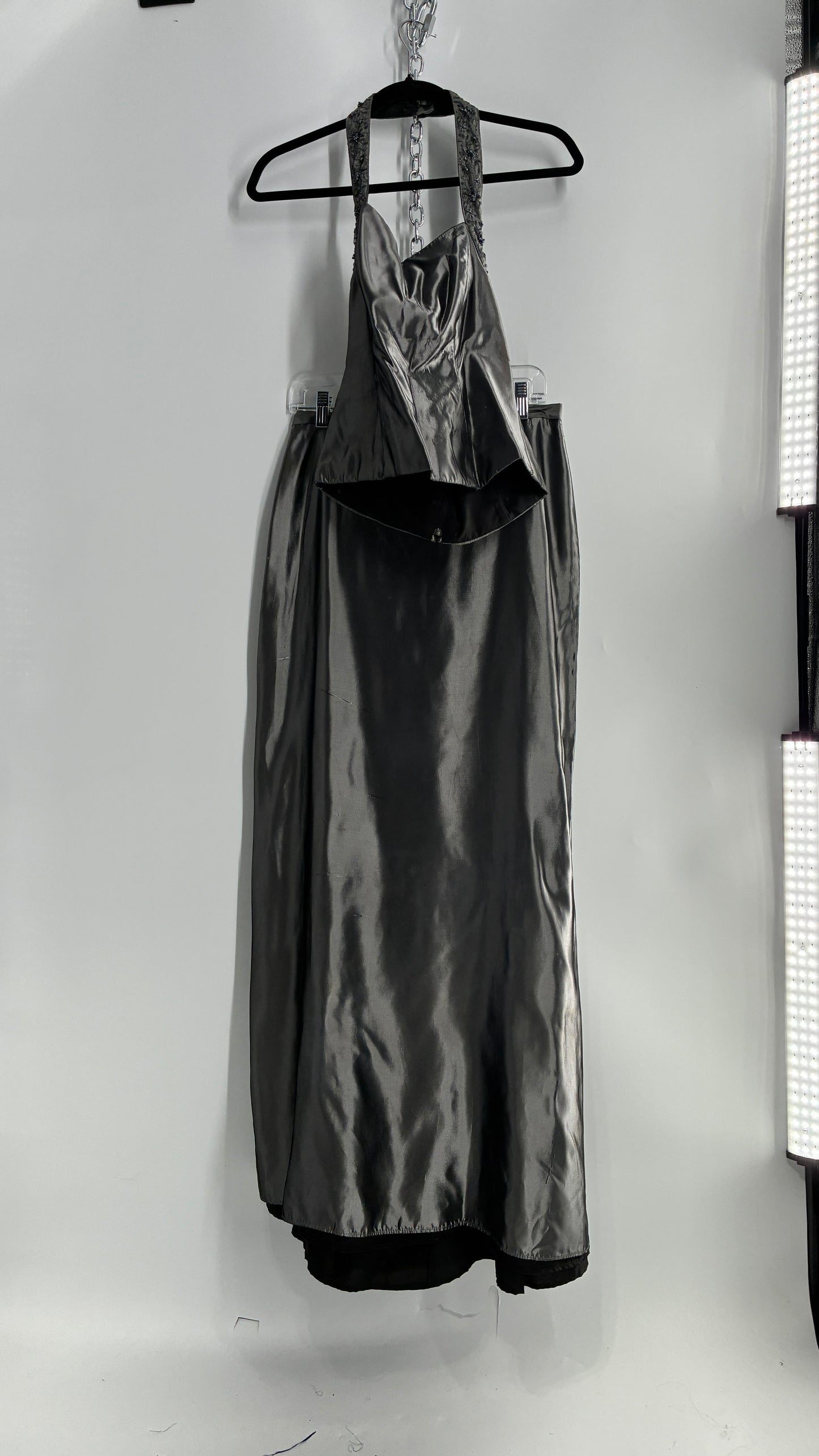 Vintage 1990s Davids Bridal SET Metallic Silver Corseted + Beaded Halter and Full Length Skirt (6Top, 8Skirt)