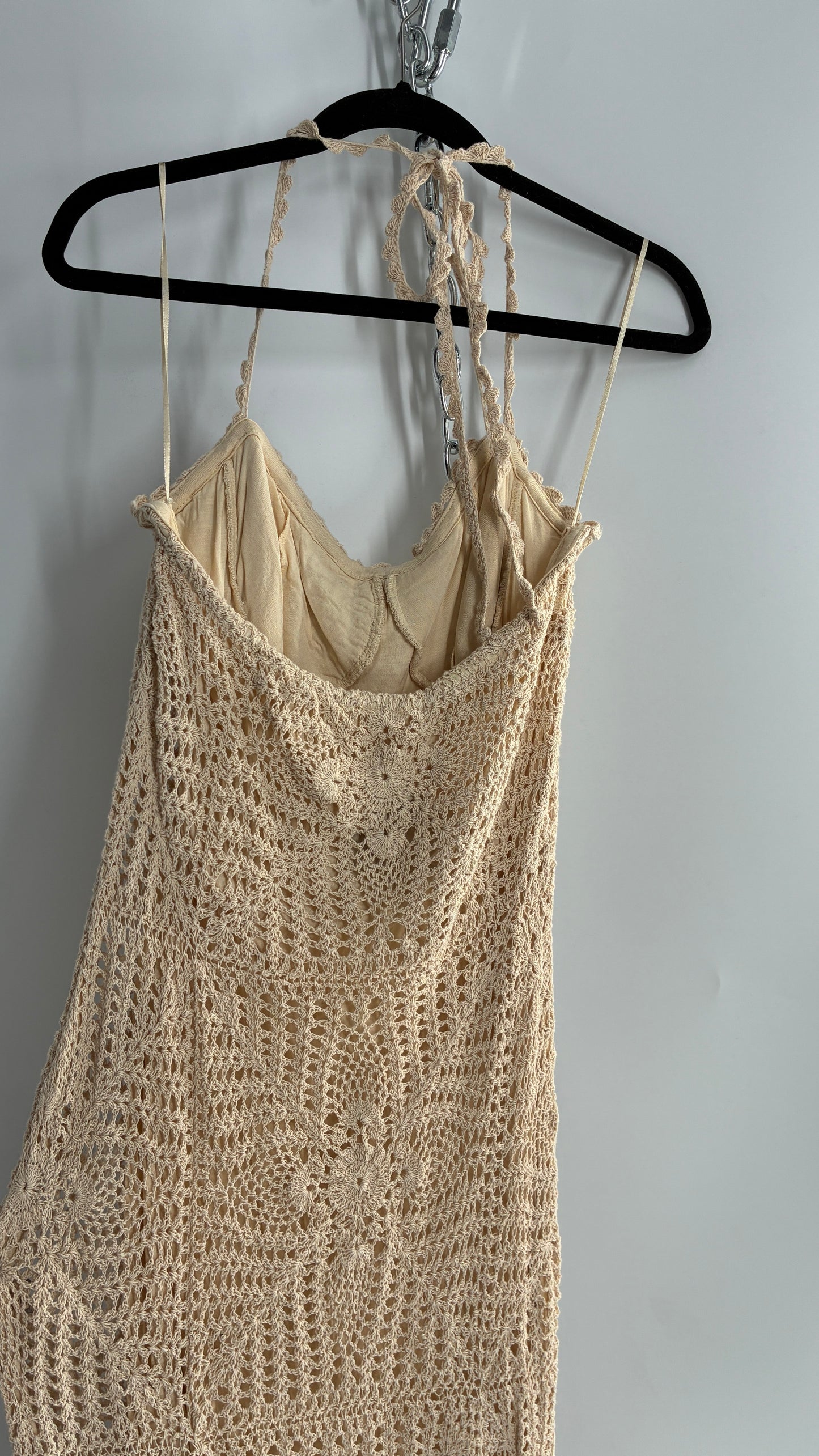 Free People Beige Crochet Knit Máxi Dress (Large)