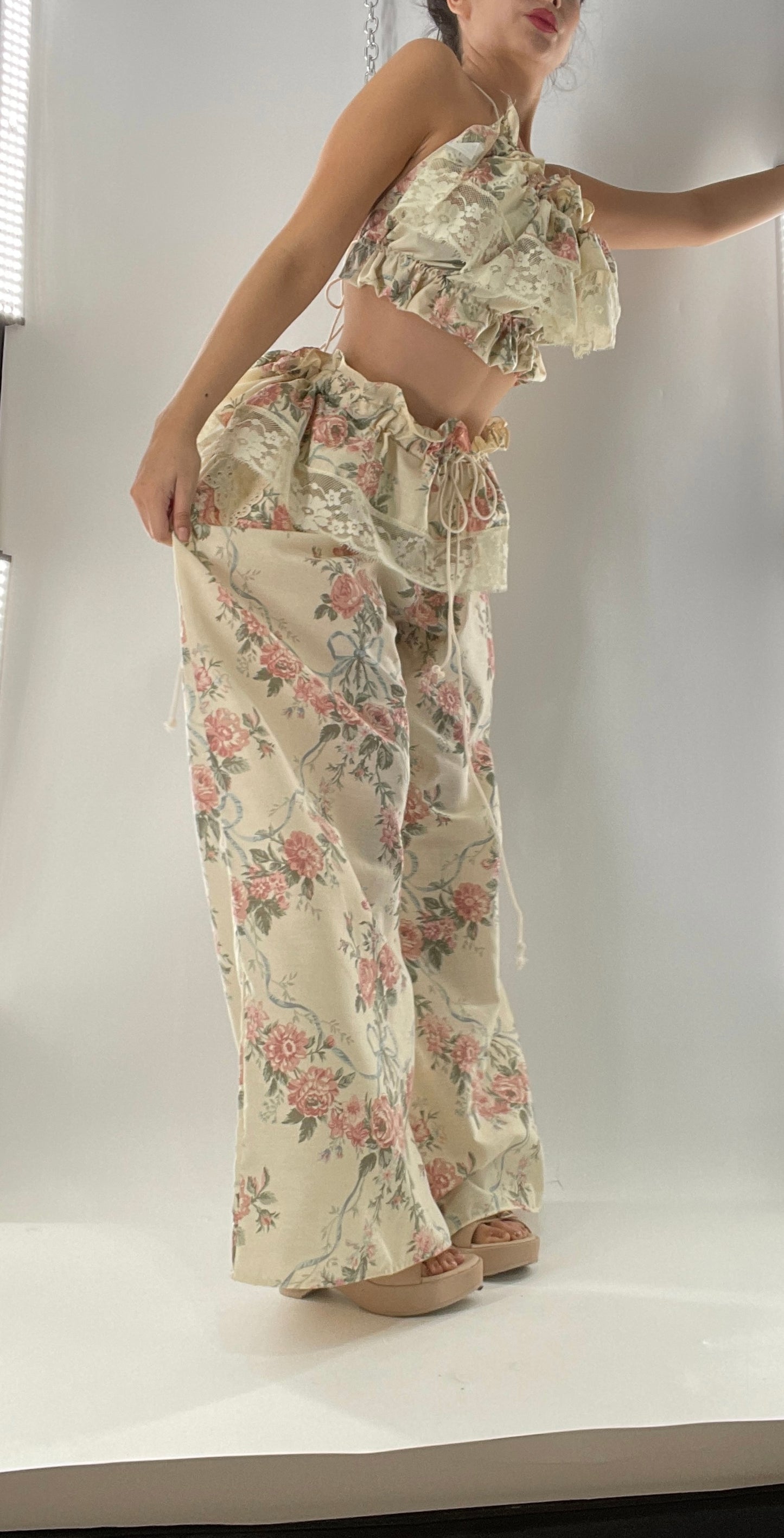 Vintage Set Covered in Delicate Dainty Florals, Bows and Lace (One Size, Adjustable)
