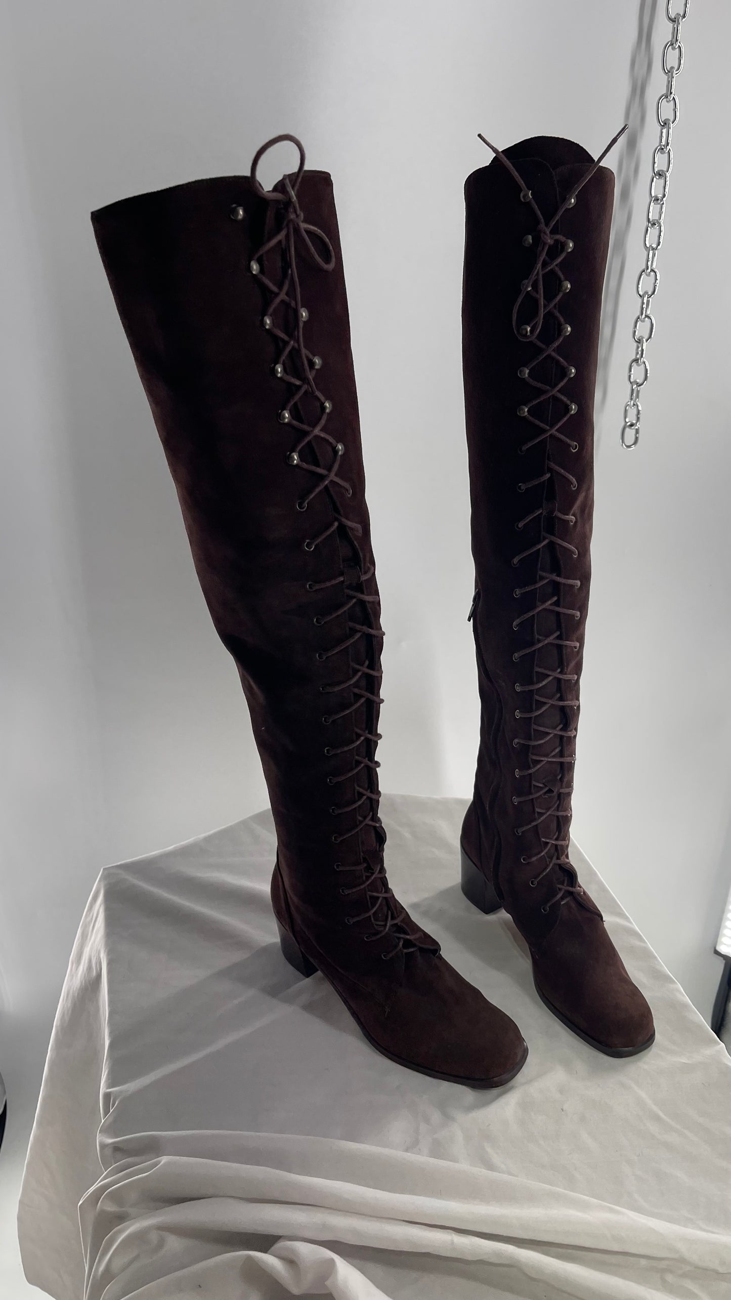 Vintage Kenneth Cole Over the Knee Brown Genuine Suede Leather Combat Boots (8.5)