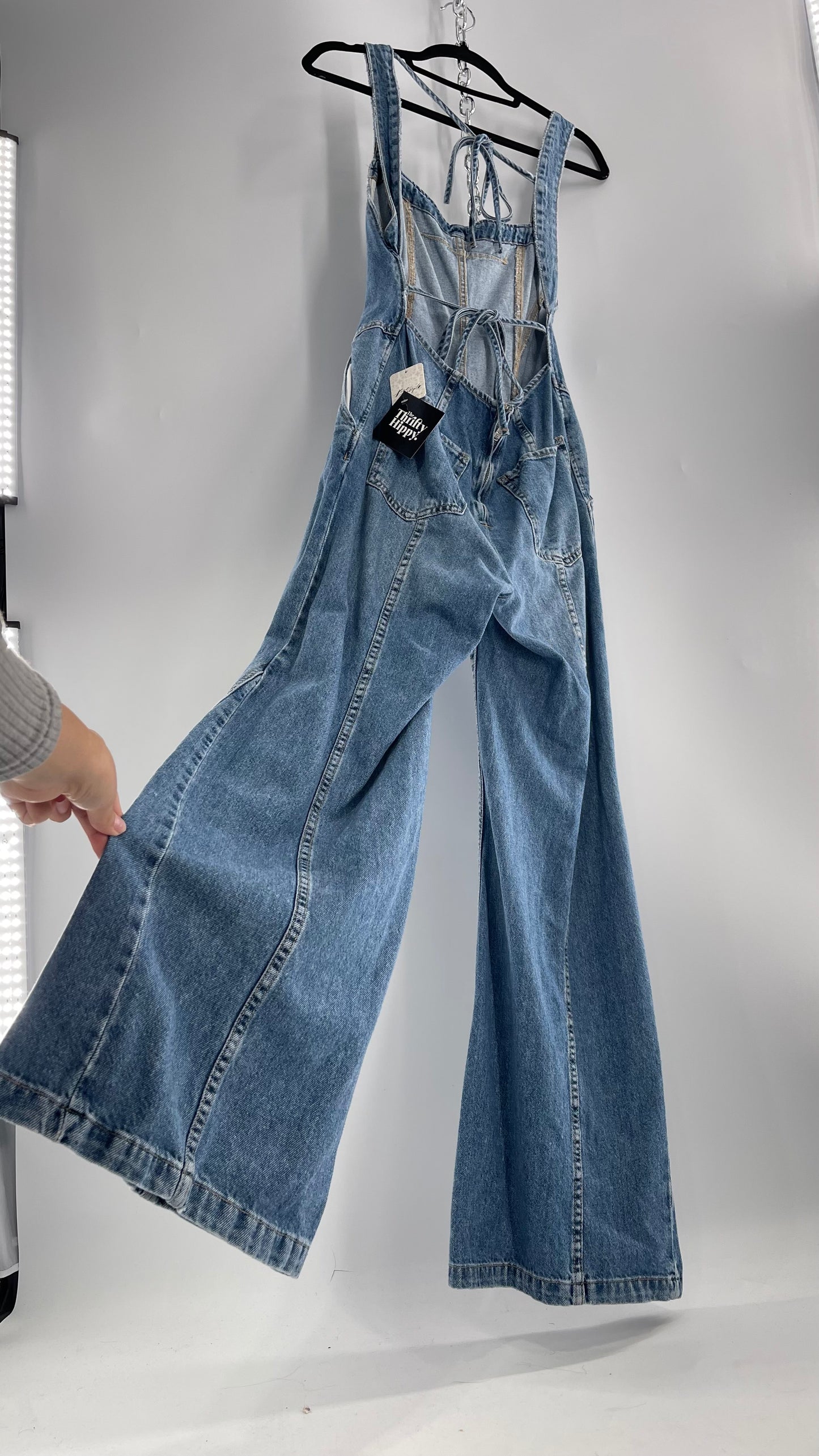 Free People Denim Backless Wide Leg Jumpsuit with Tags Attached (Small)