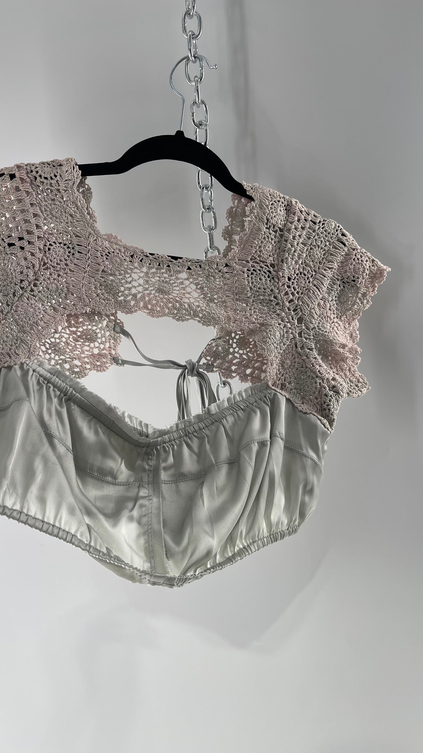 Intimately Free People Silver Satin Cropped Bustier with Crochet Shrug High Neckline (Large)