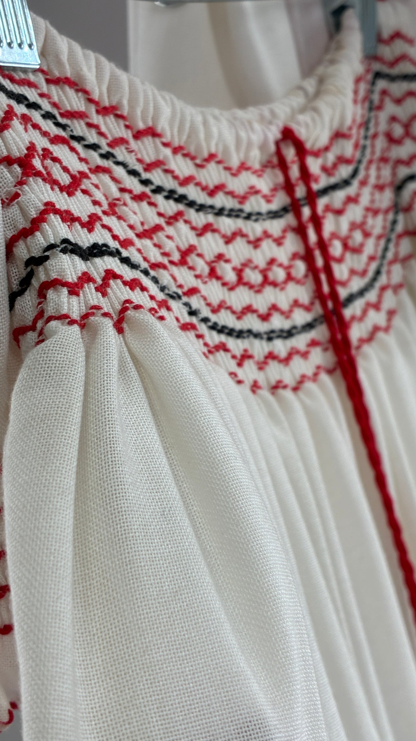 Vintage 1970s LUX FOLKLOR Budapest Handmade Cotton Long Sleeve and Skirt Covered in Red Embroidery and Stitching