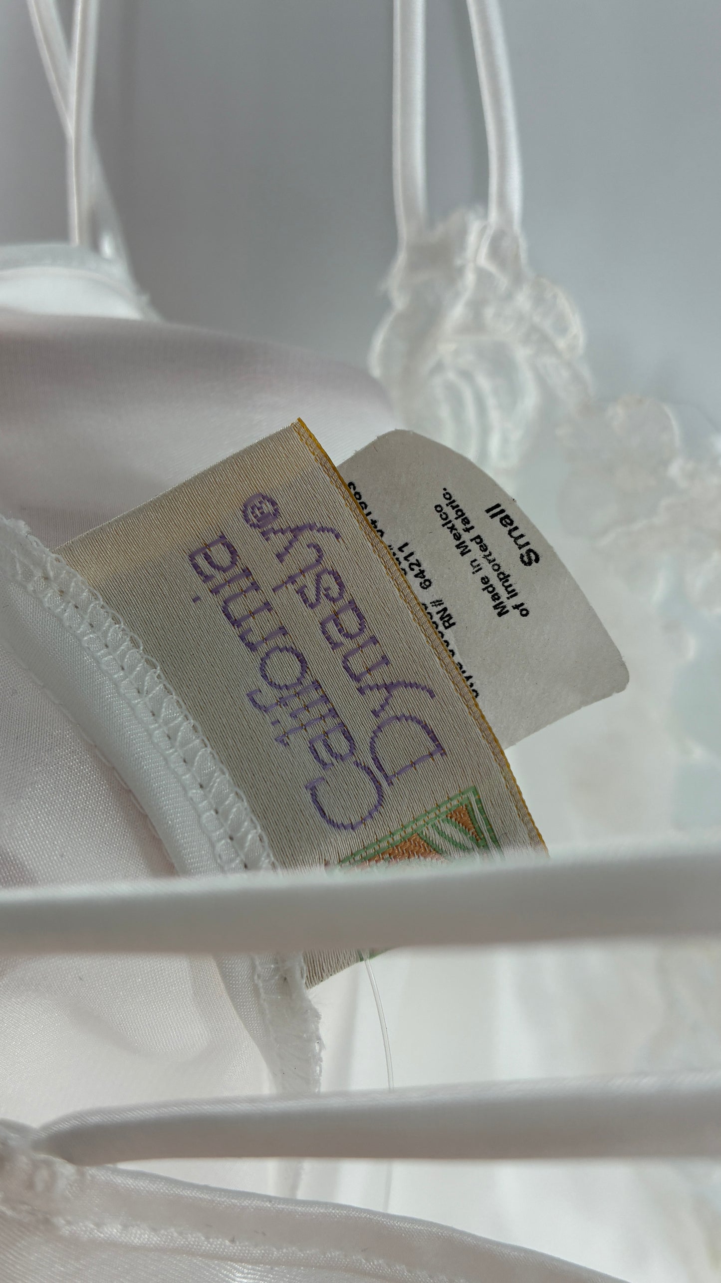 Vintage California Dynasty White Glossy, Silky Night Gown Style Dress with Sequined Lace Bustline (Small)