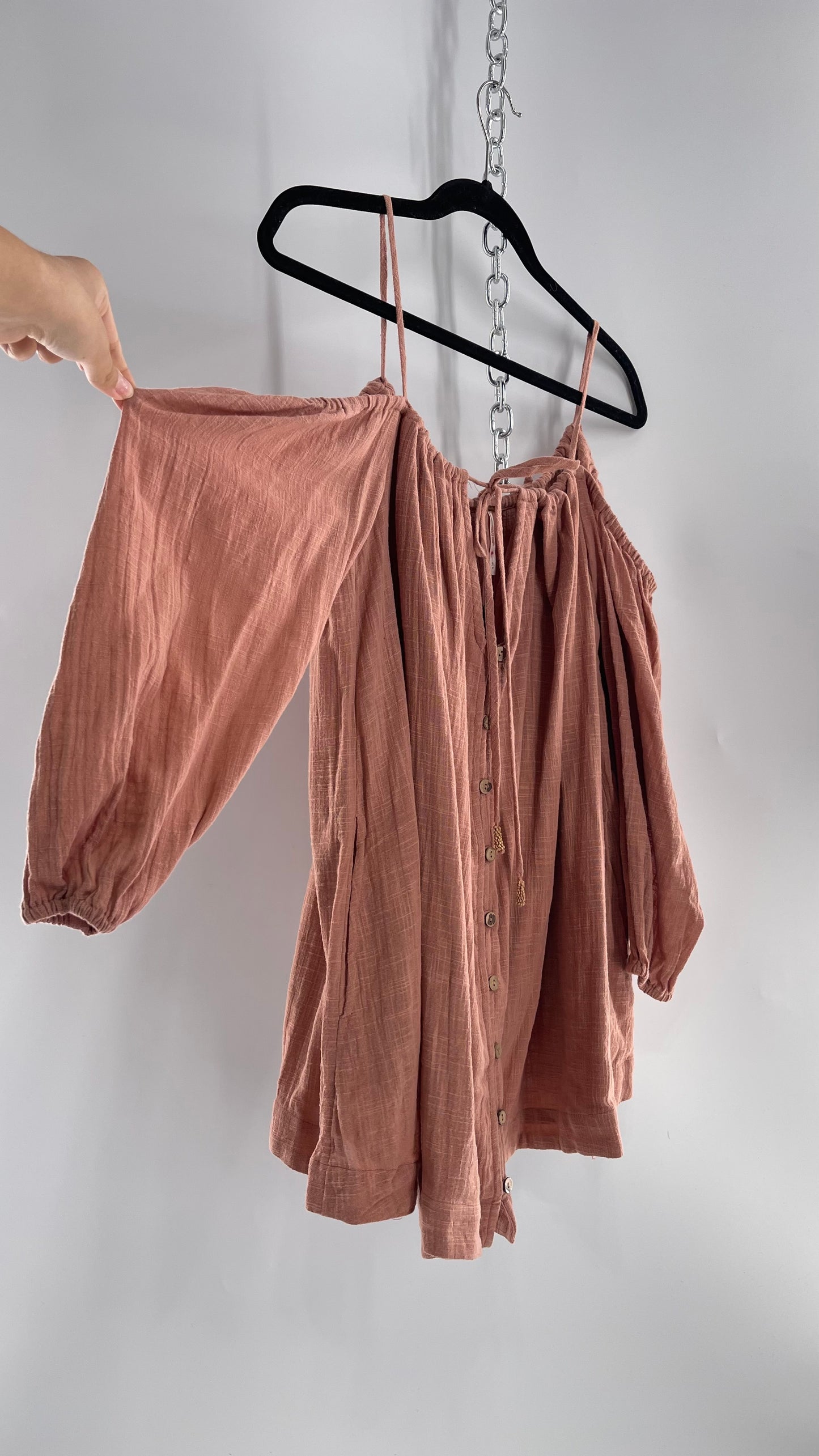 Free People Peachy Pink Coral Off the Shoulder 100% Cotton Voluminous Button Front Blouse (Small)