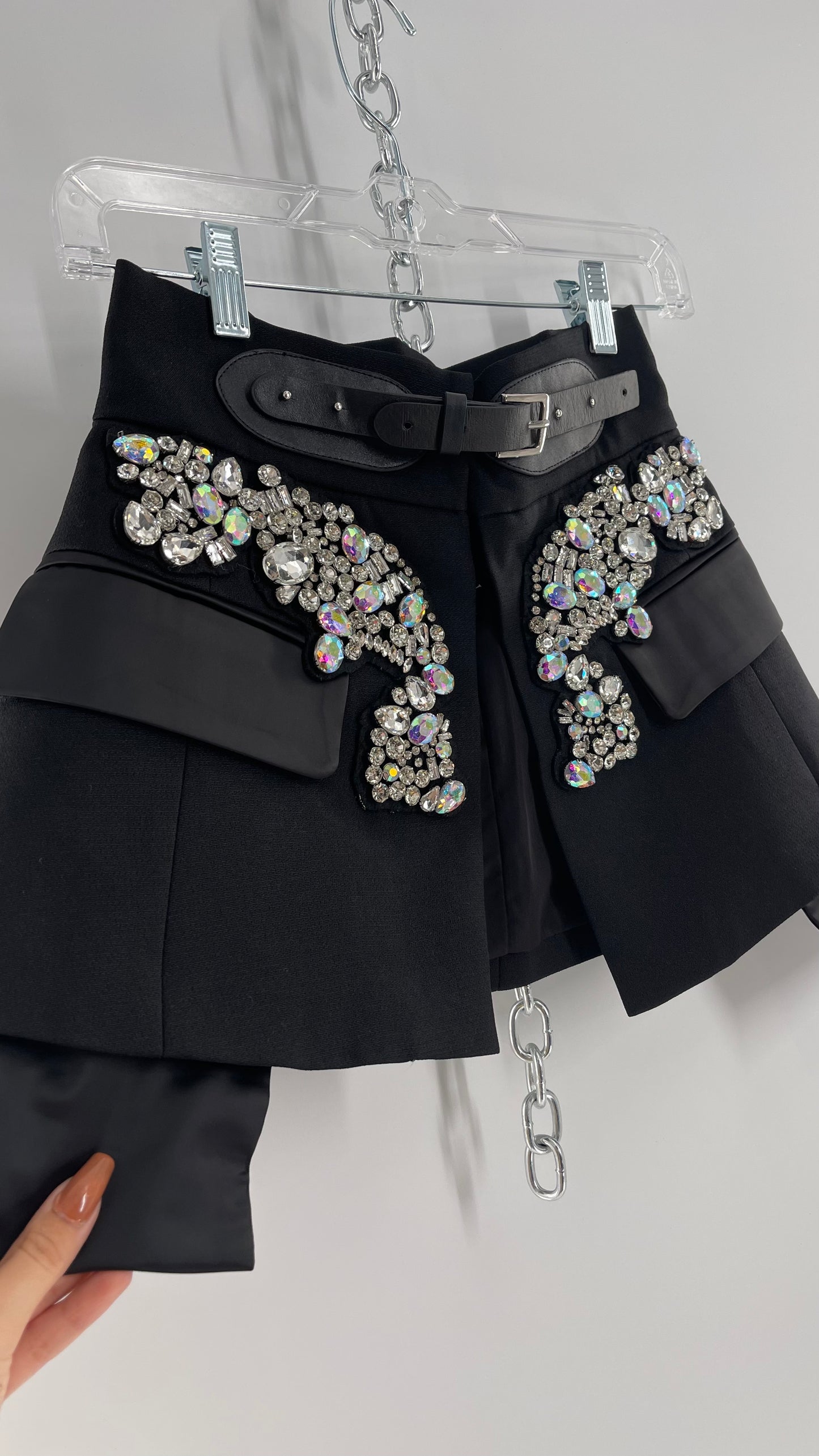 Black Skirt Belt Covered in Crystal Embellishments with Satin Flap Pockets (Medium)