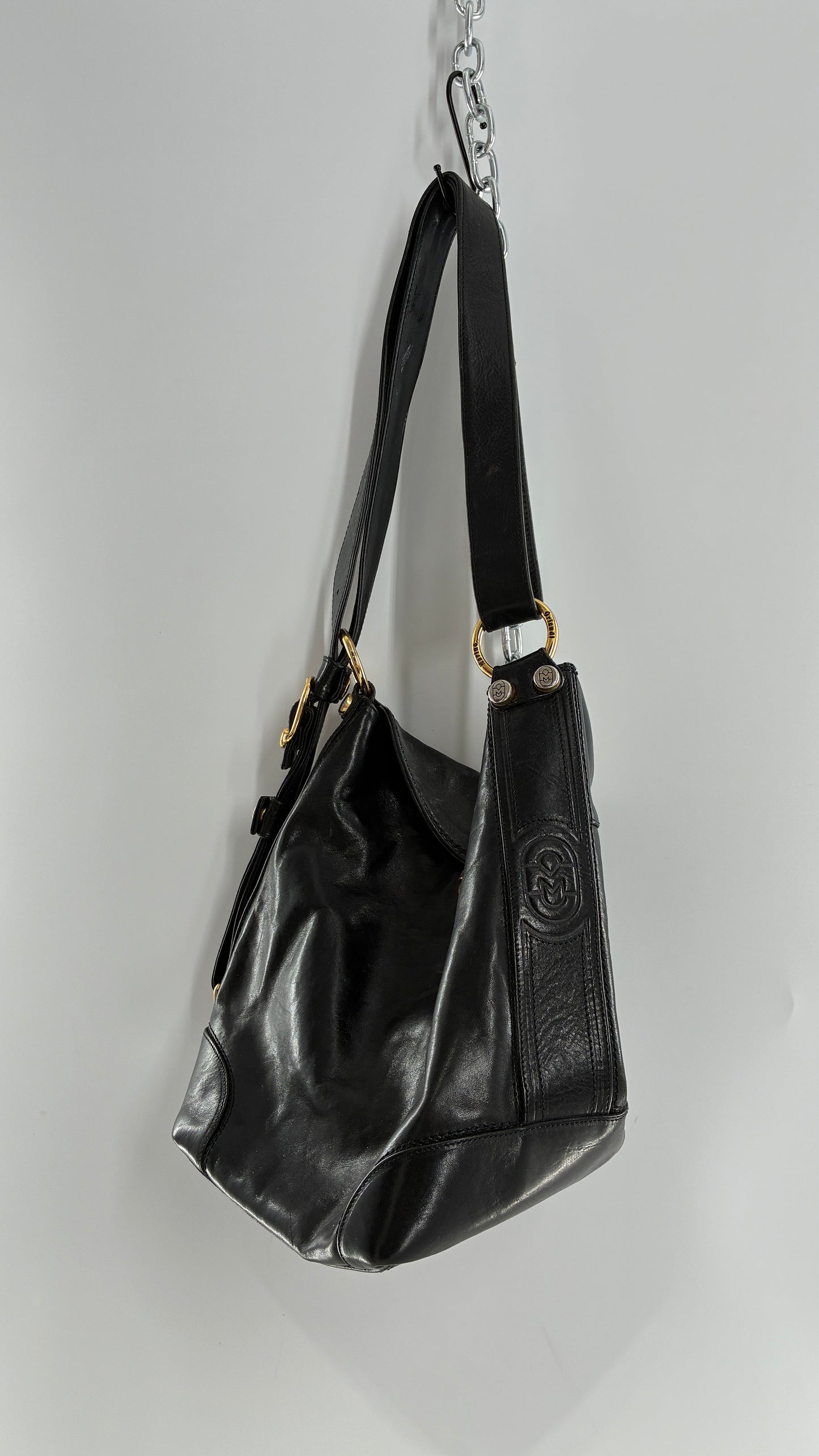 Vintage MARINO ORLANDI Black Leather Purse Made in Italy with Gold Embossed Hardware