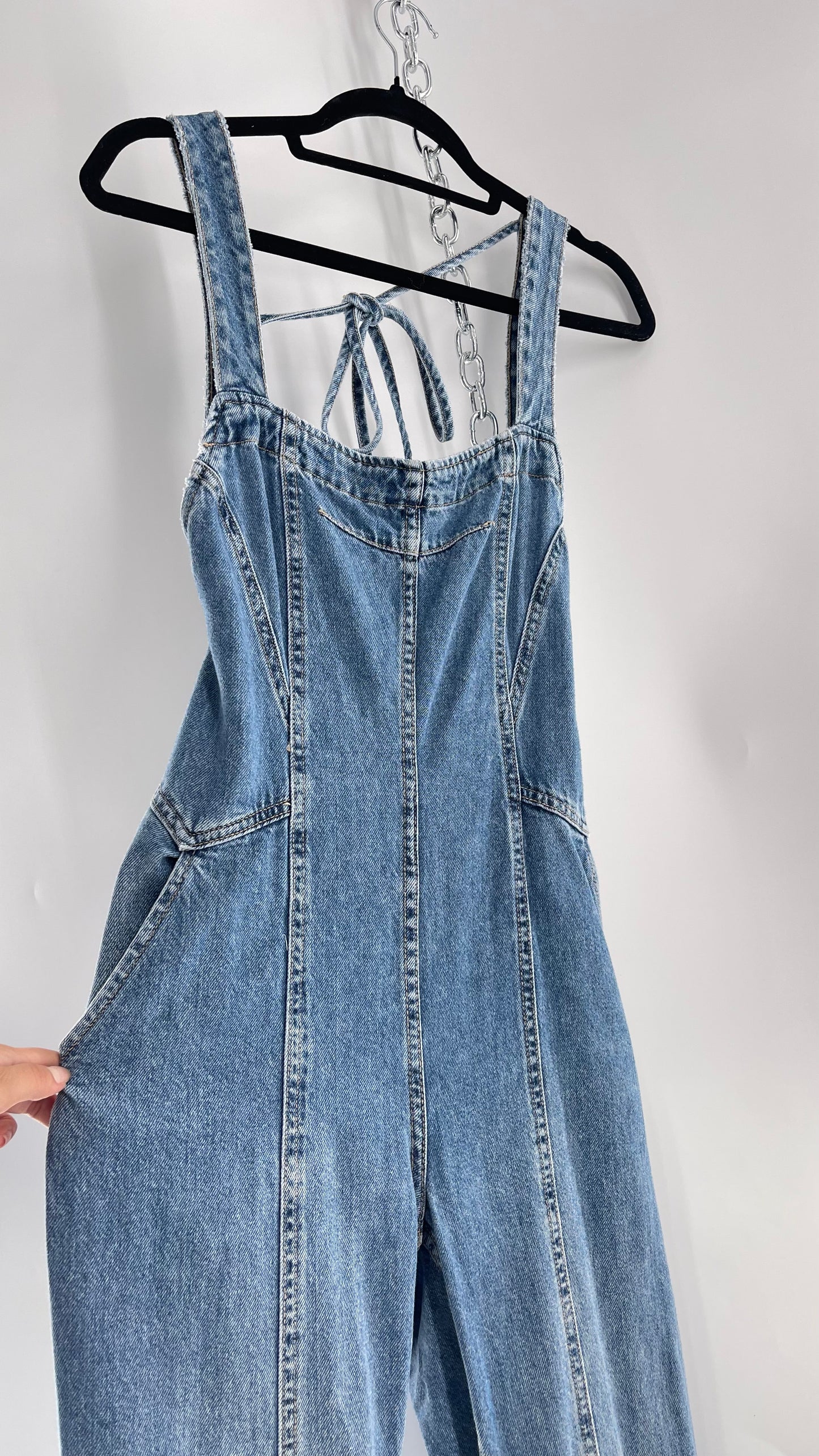 Free People Denim Backless Wide Leg Jumpsuit with Tags Attached (Small)