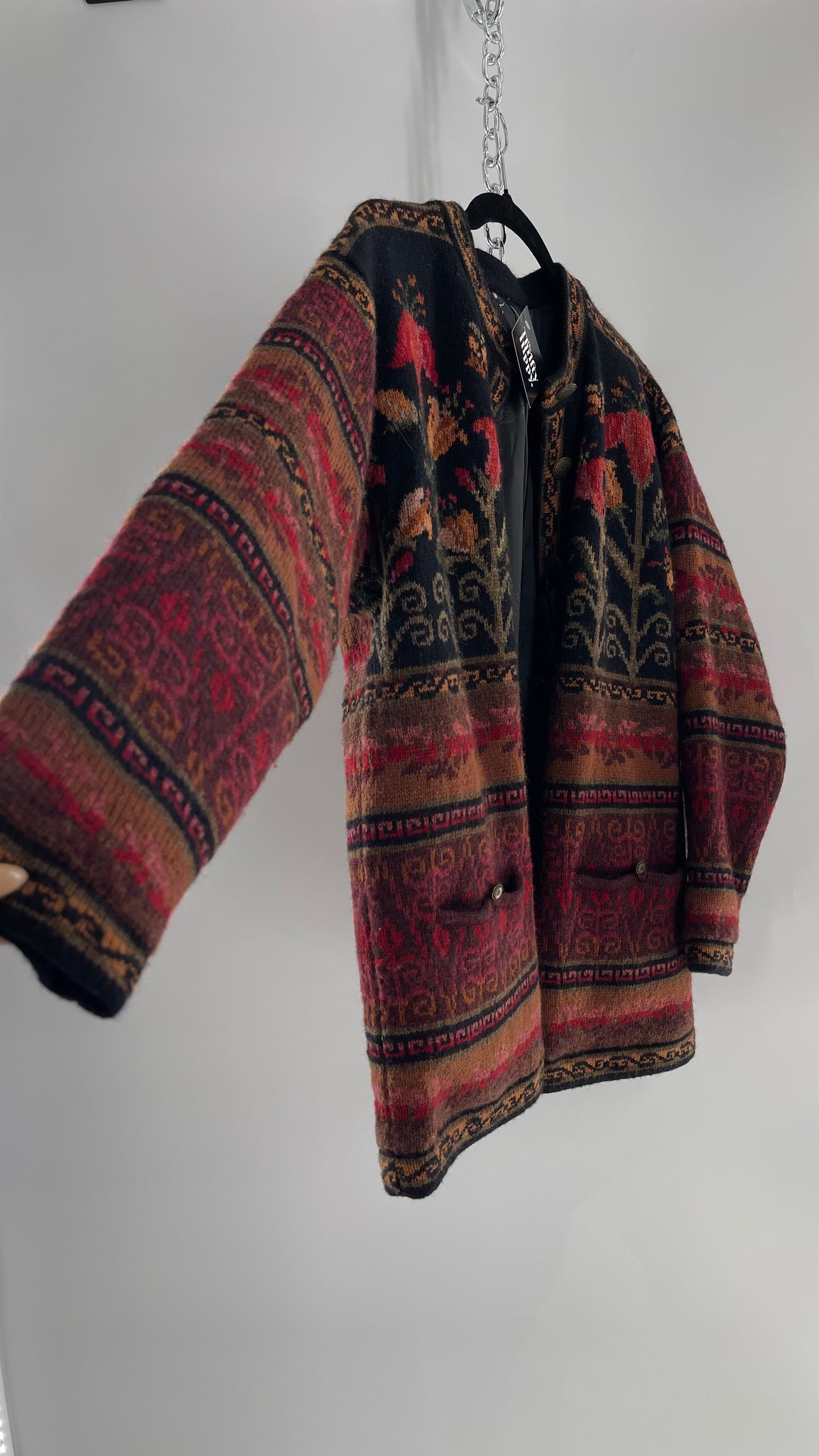 Vintage Iceland Design Wool Jacket with Brass Embossed Buttons and Folk Floral Patterning(C)(Medium)