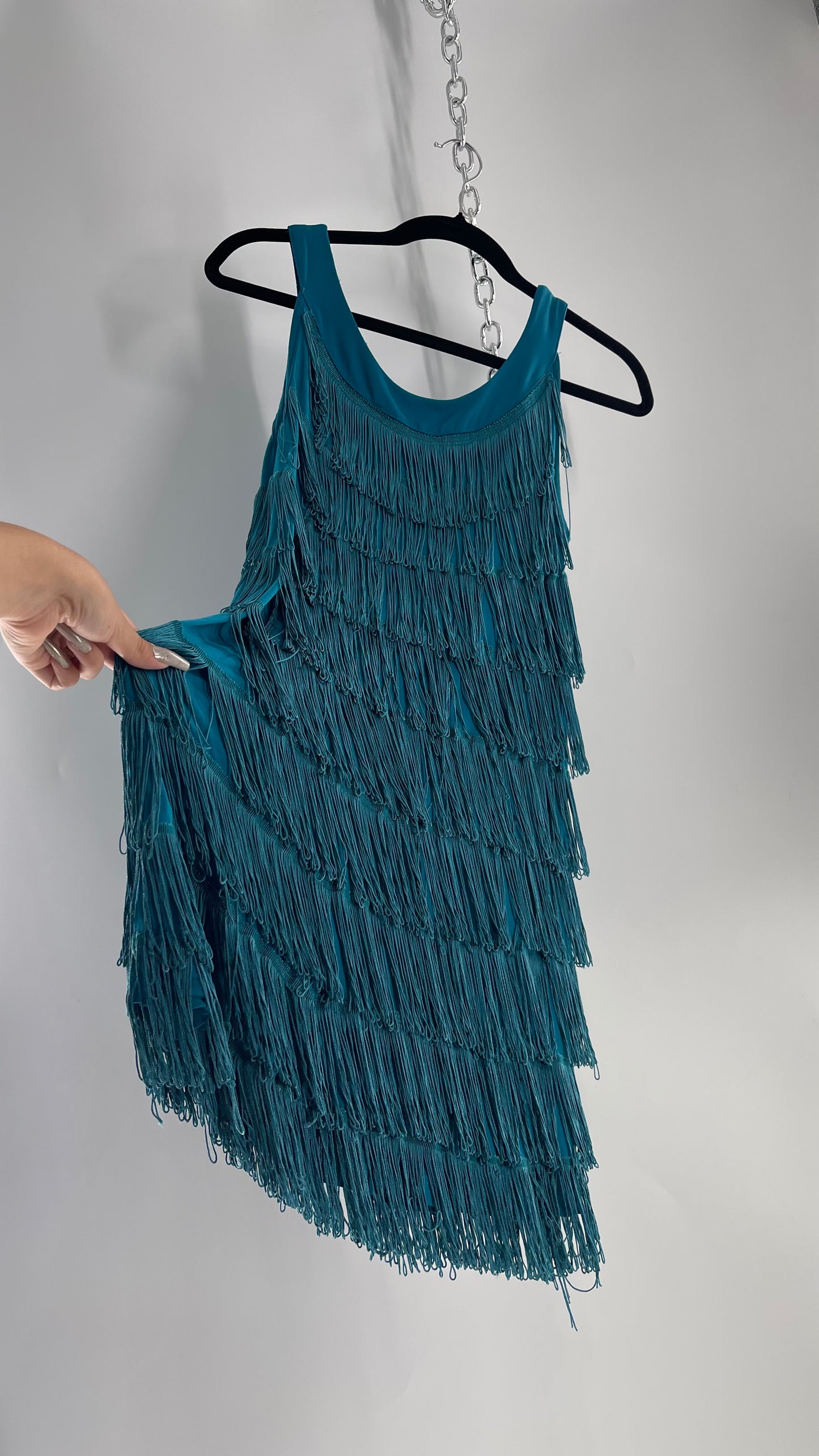 Vintage Teal Fringe Cowgirl Party Tunic Mini Dress (Small)