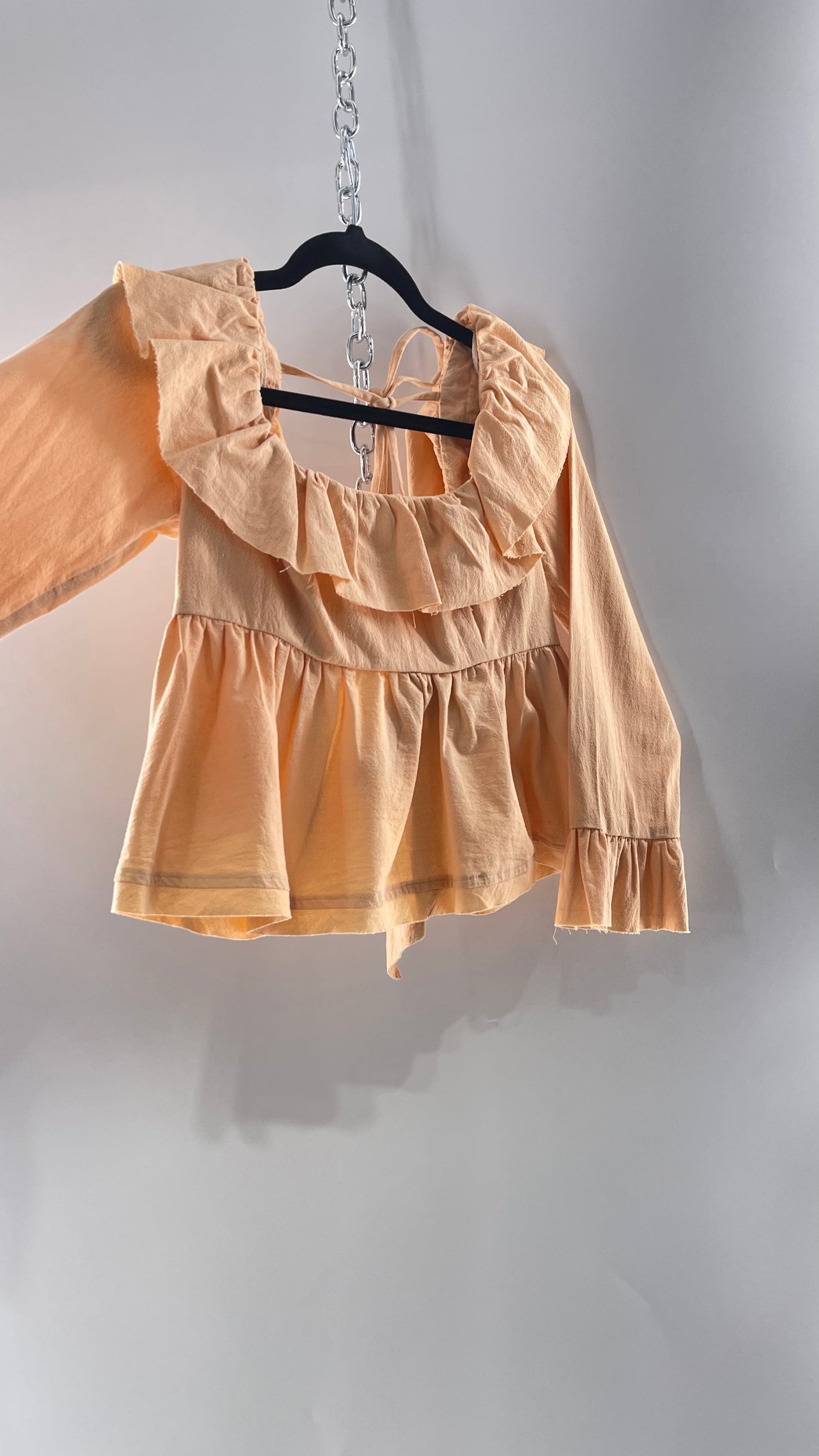Free People Pumpkin Light Orange Backless Bow Back Cropped Blouse with Ruffle Sleeve and Neckline (XS)